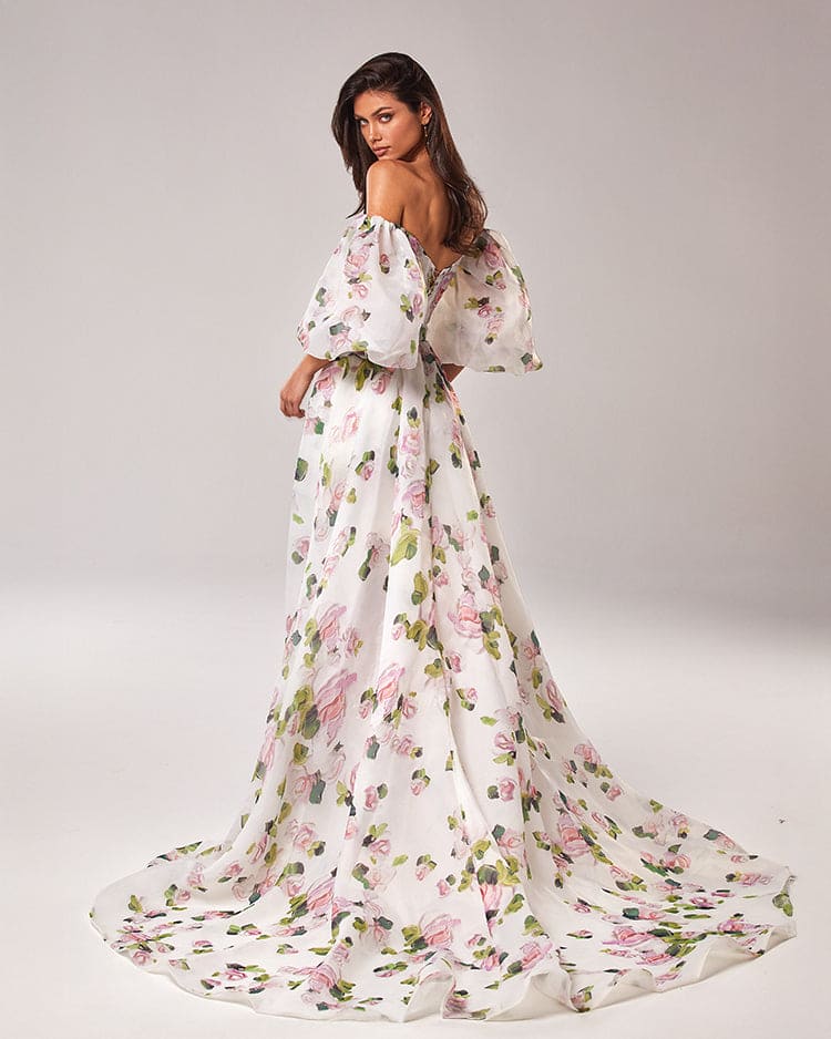 Apple Blossom Elegant floral puff sleeve maxi dress - Image 3