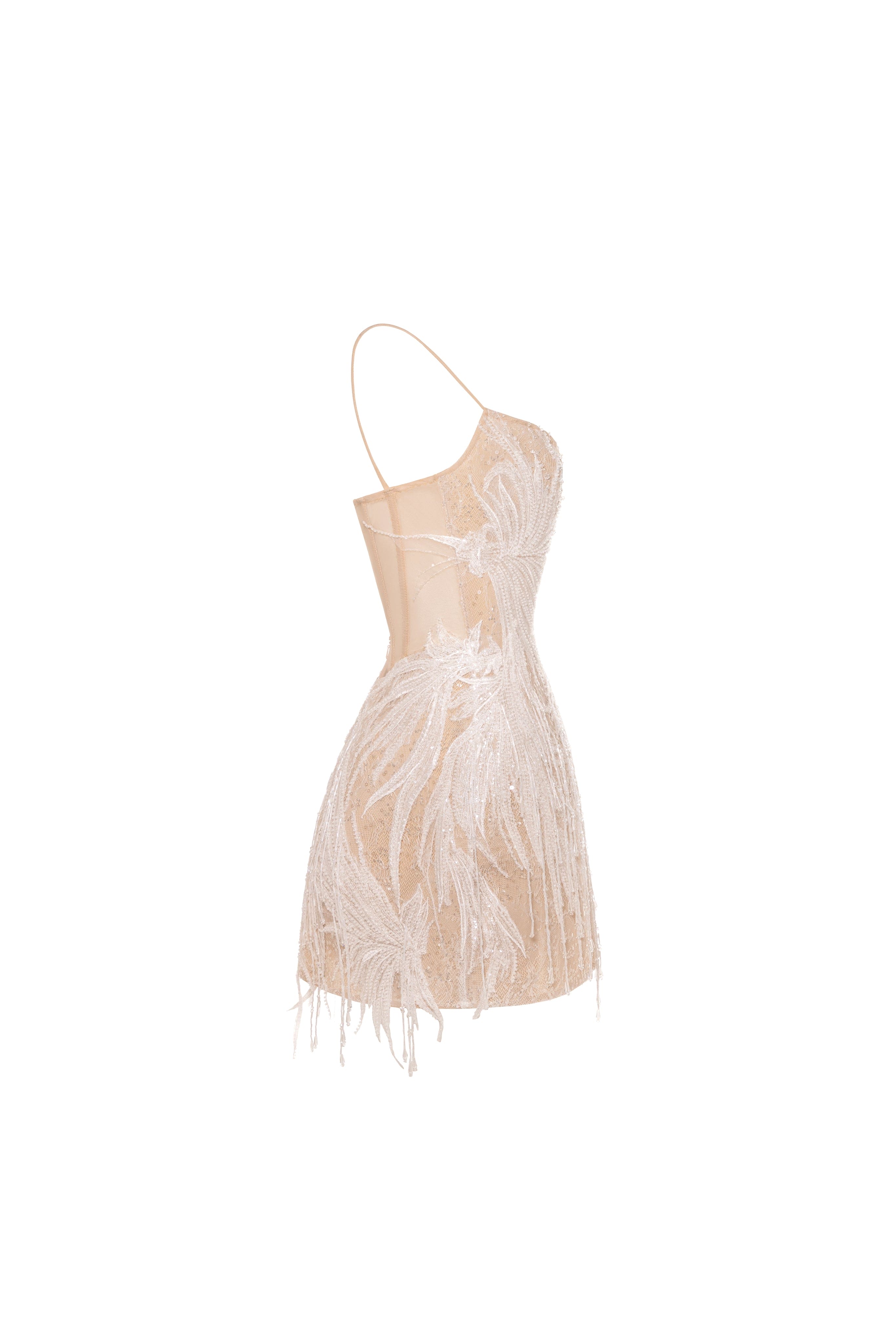 Beige lace corset mini dress embellished with sequins and fringes - Image 6