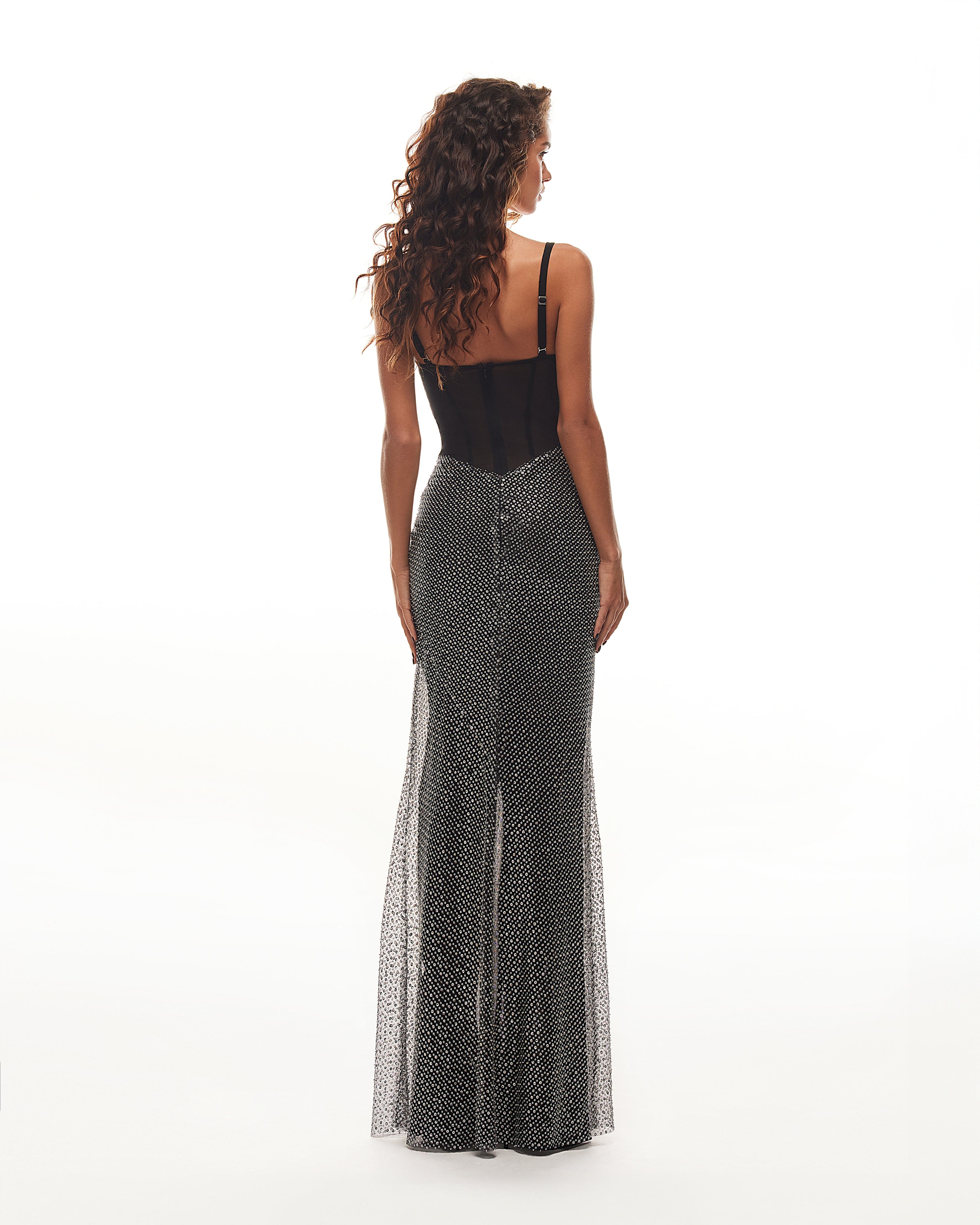 Black corset maxi dress with silver sequined maxi skirt, Smoky Quartz - Image 3