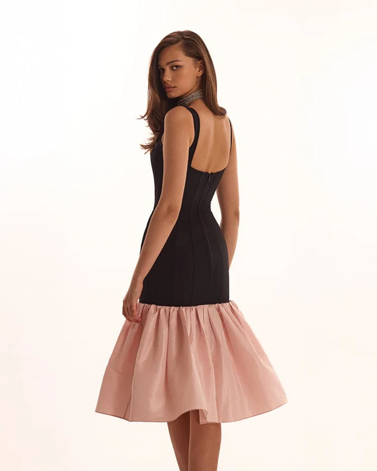 Black fitted maxi dress with pink puffy tiered skirt, Parisienne - Image 3