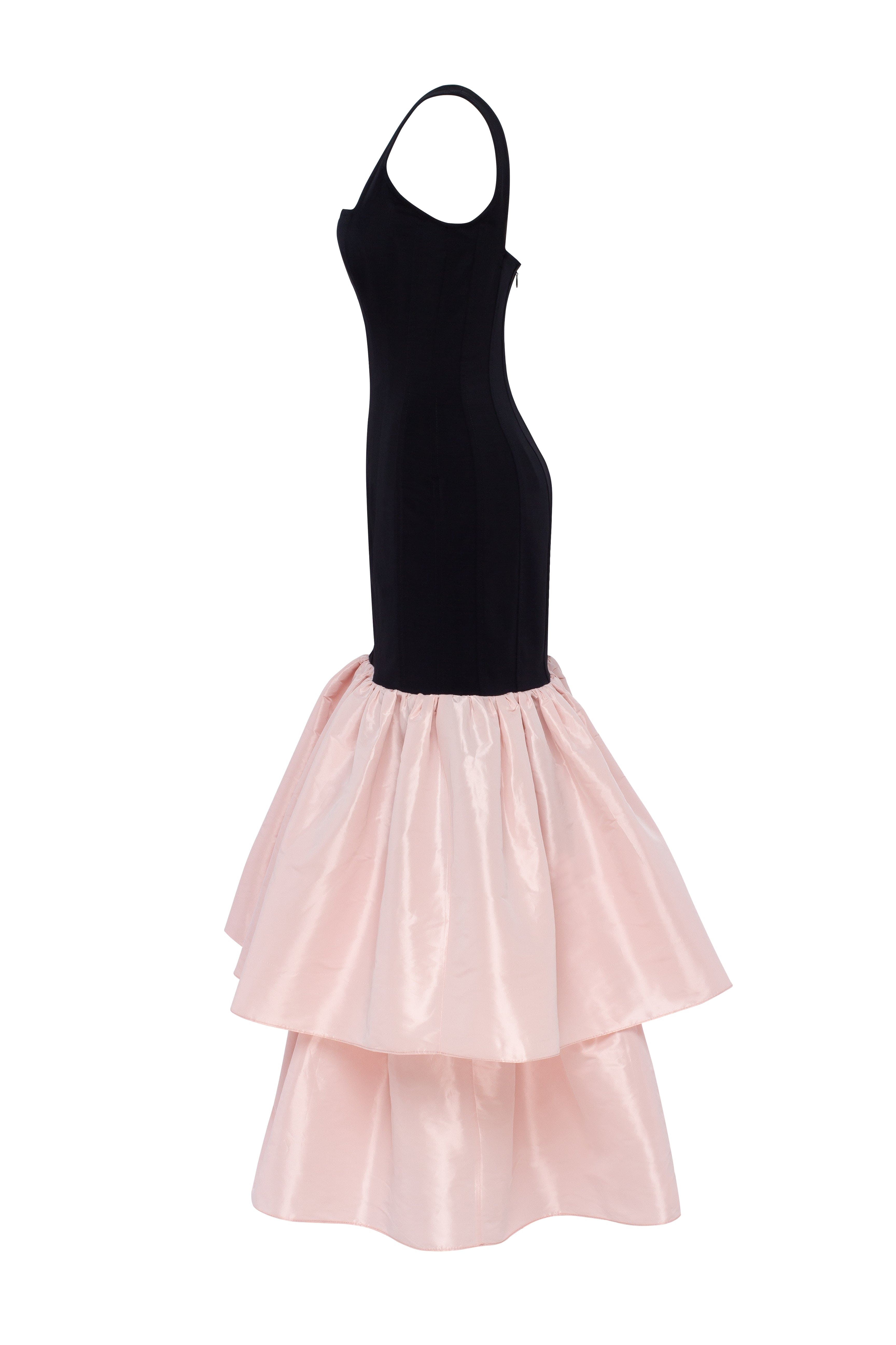 Black fitted maxi dress with pink puffy tiered skirt, Parisienne - Image 6