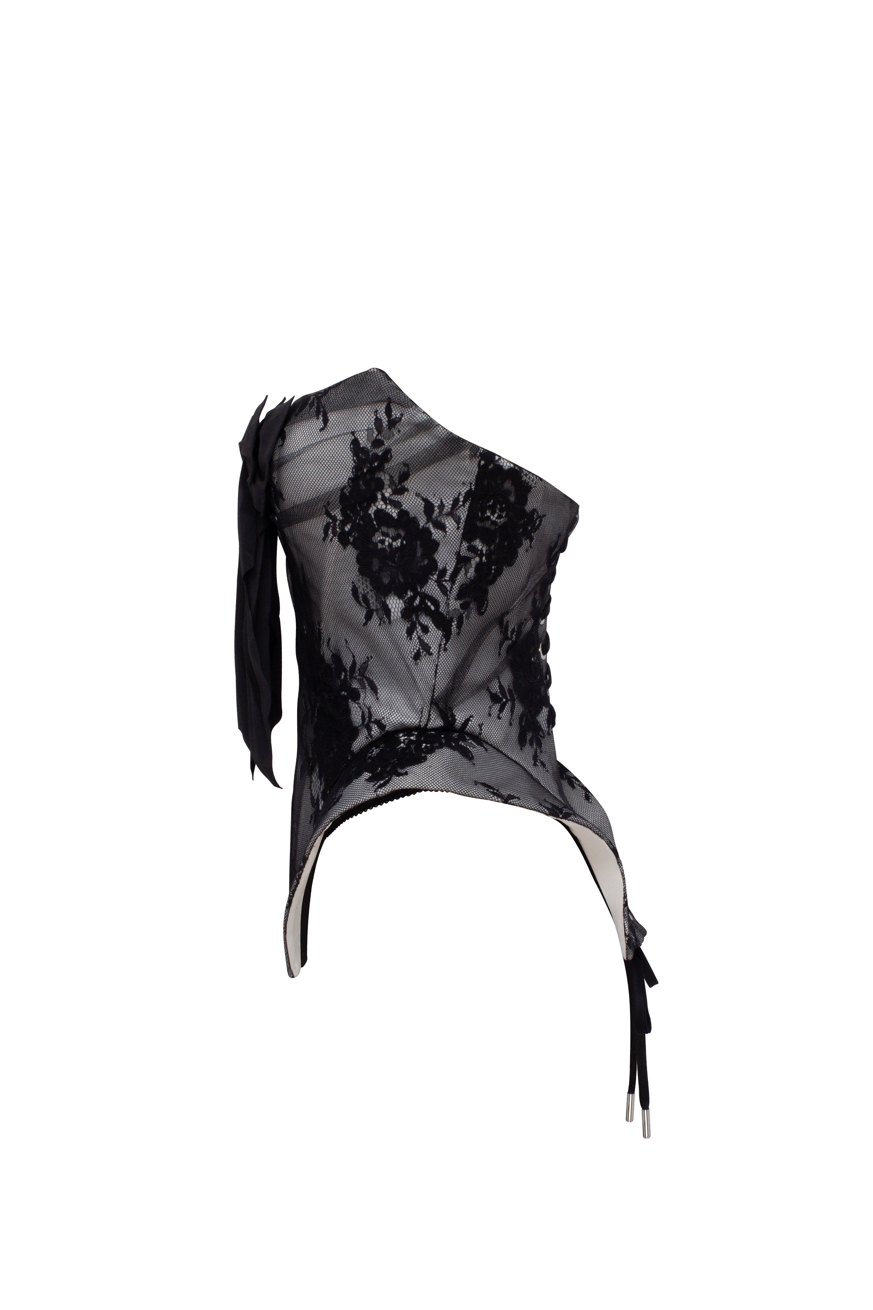 Black lace over the white mesh peplum corset with an oversized bow, Parisienne - Image 8