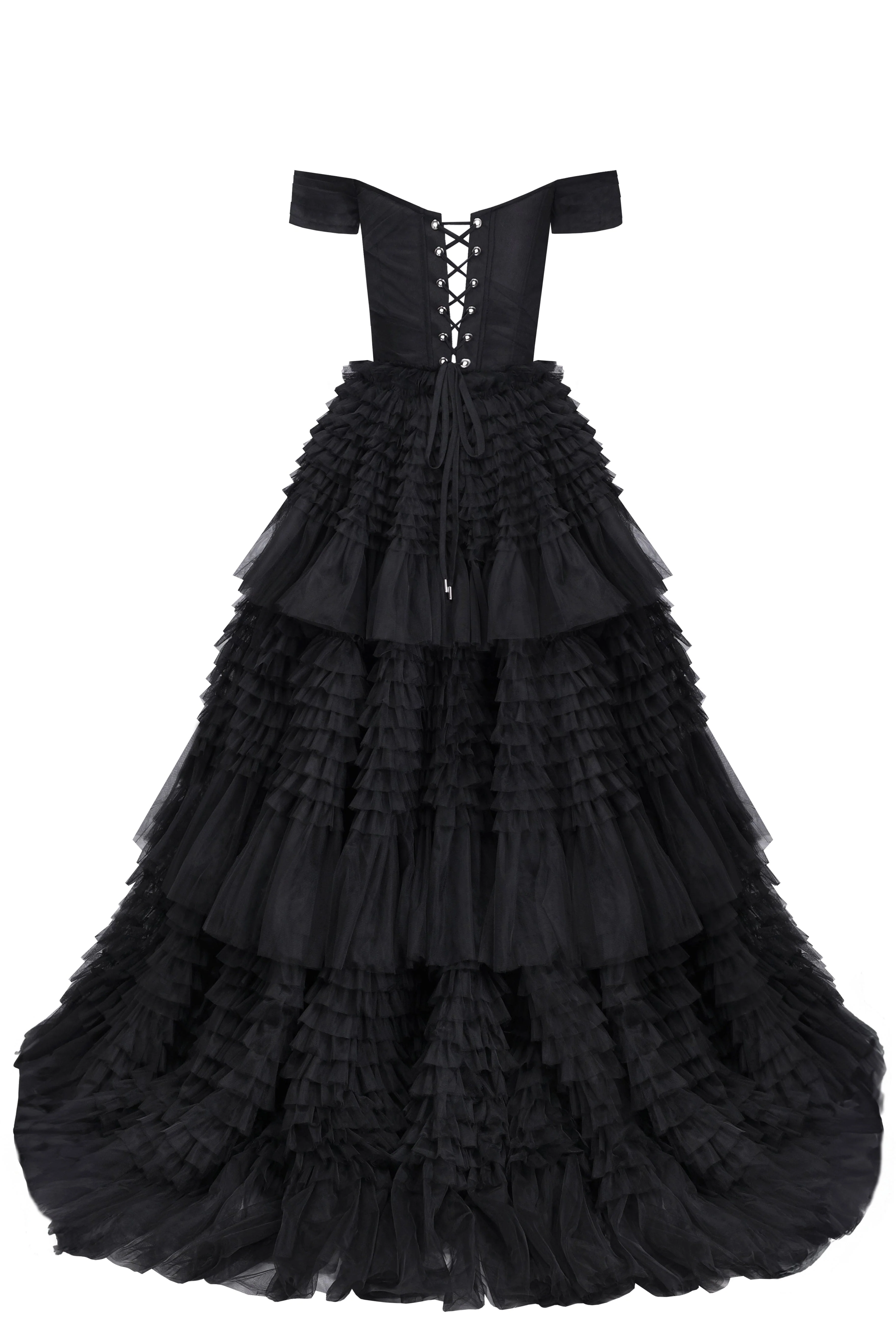 Black Off-The-Shoulder Frill-Layered Gown - Image 4