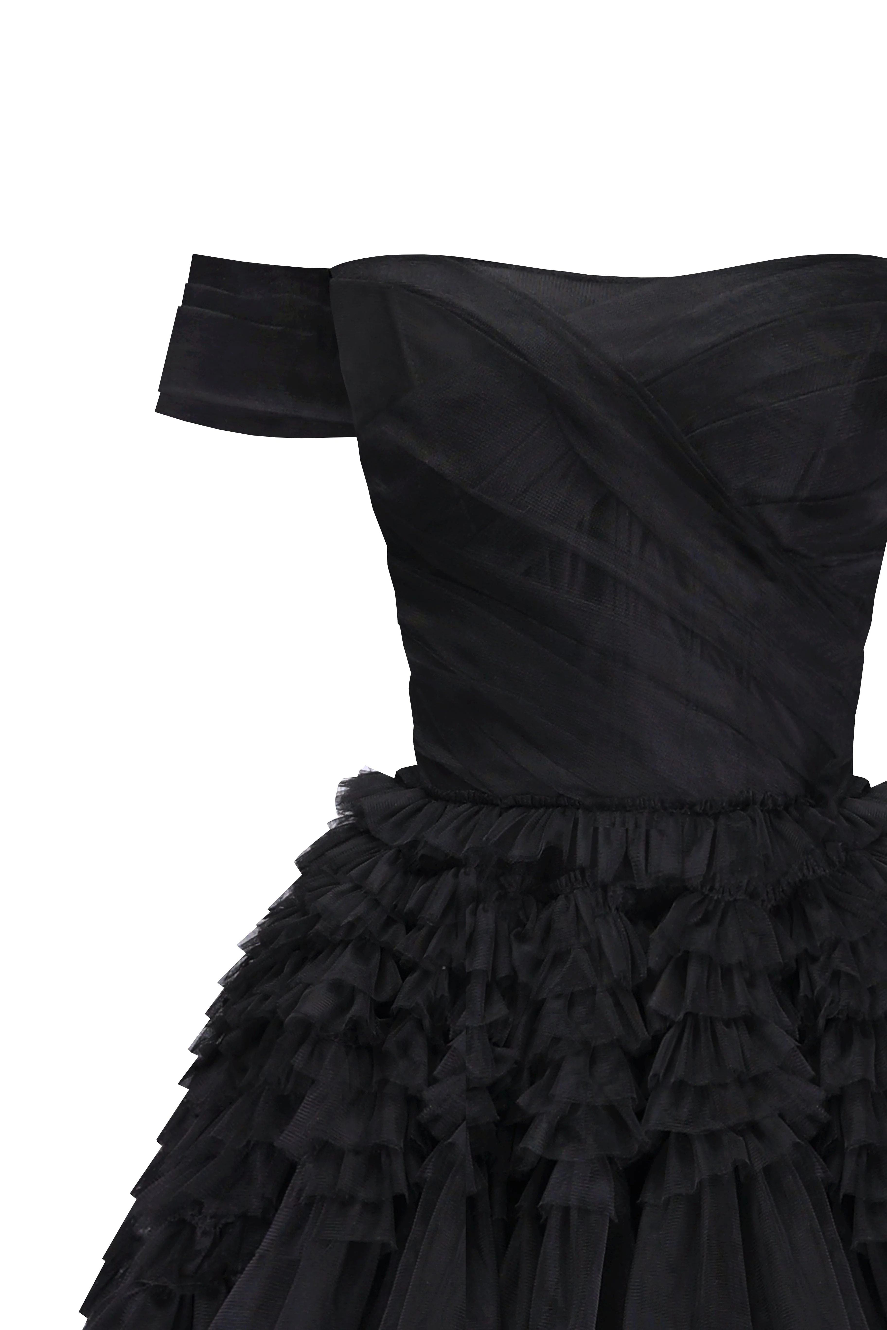 Black Off-The-Shoulder Frill-Layered Gown - Image 6