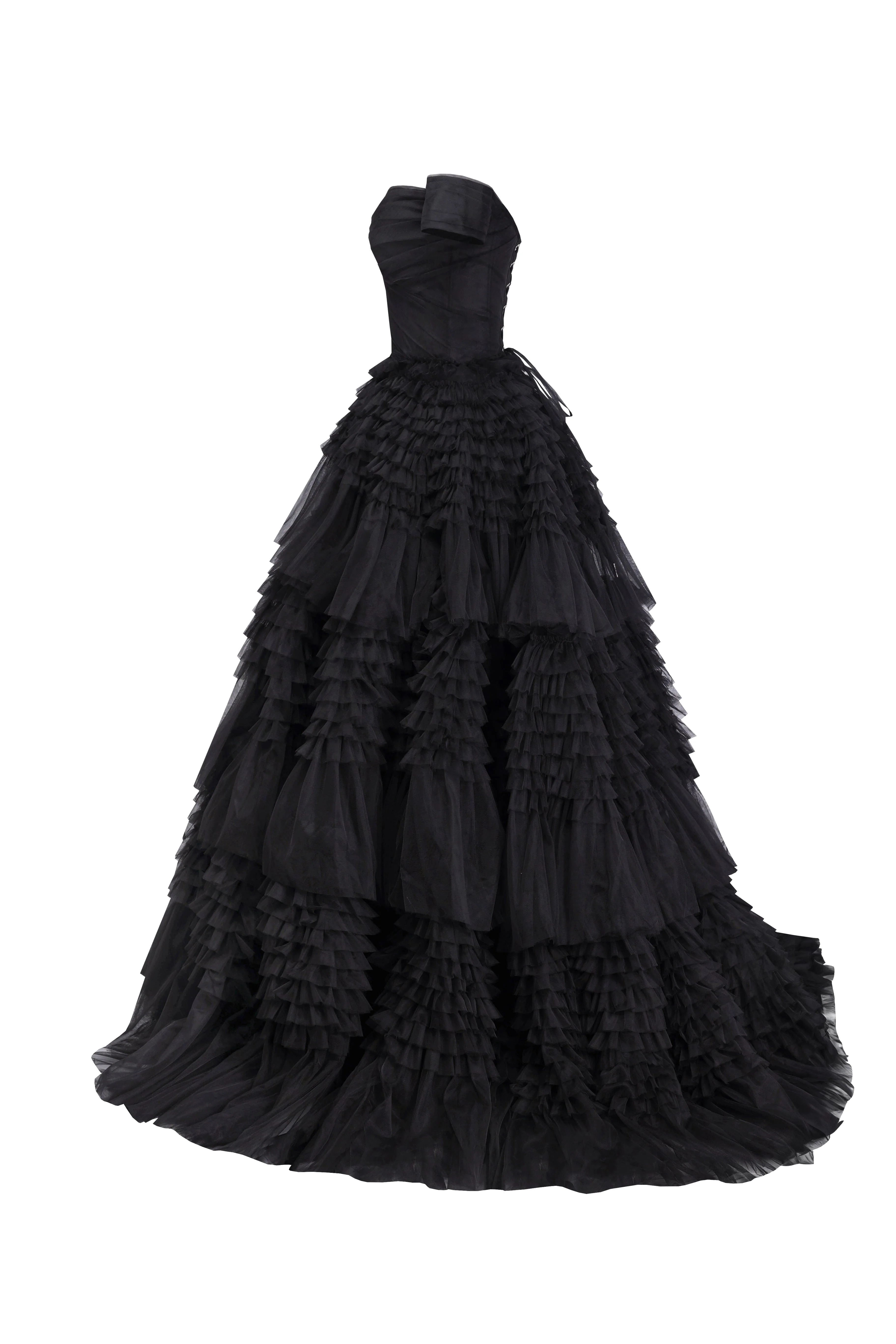Black Off-The-Shoulder Frill-Layered Gown - Image 7
