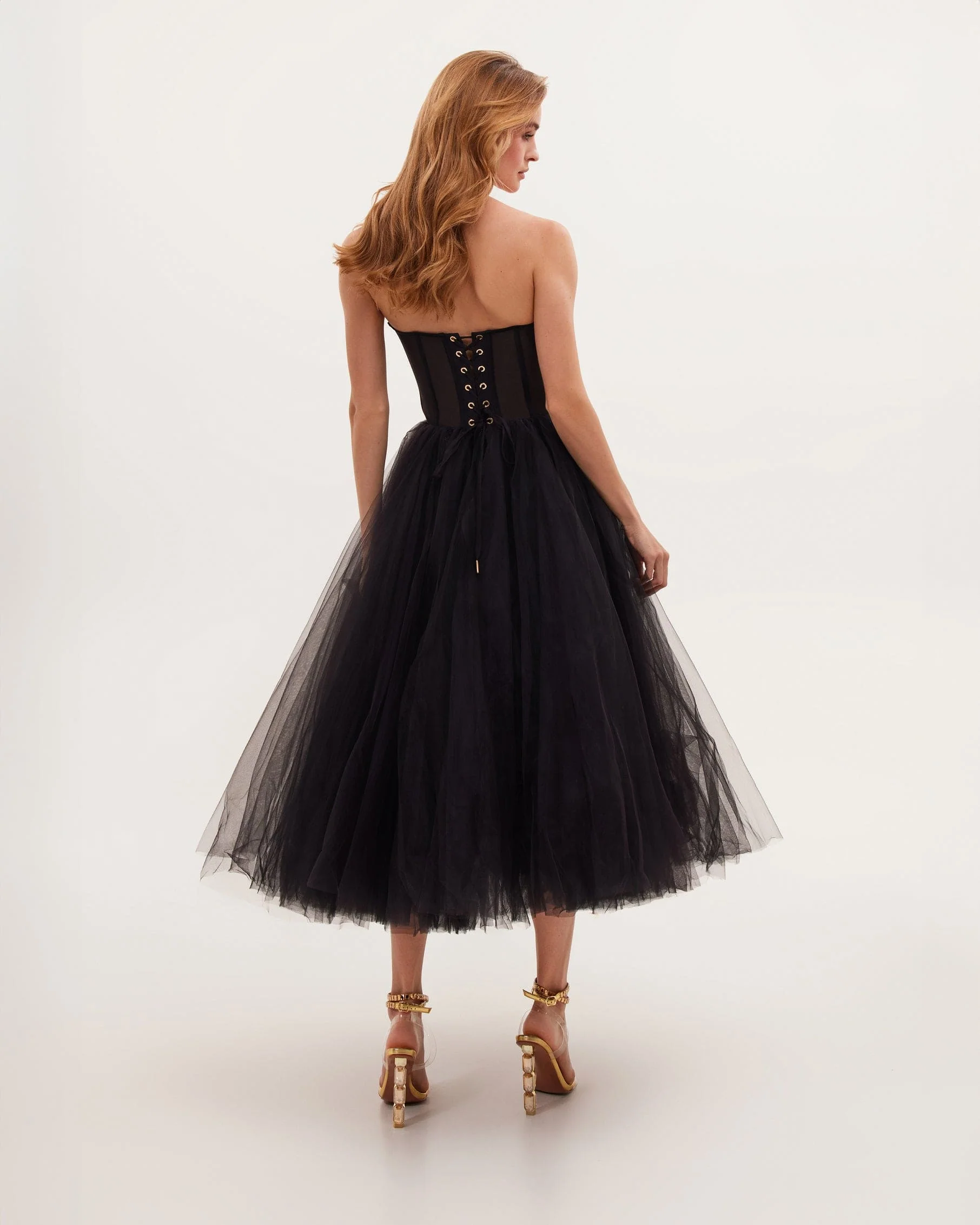 Black Strapless Puffy Midi Tulle Dress - Image 3