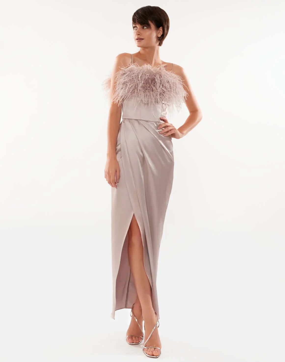 Misty Rose Celina Slip Midi Feathered Dress
