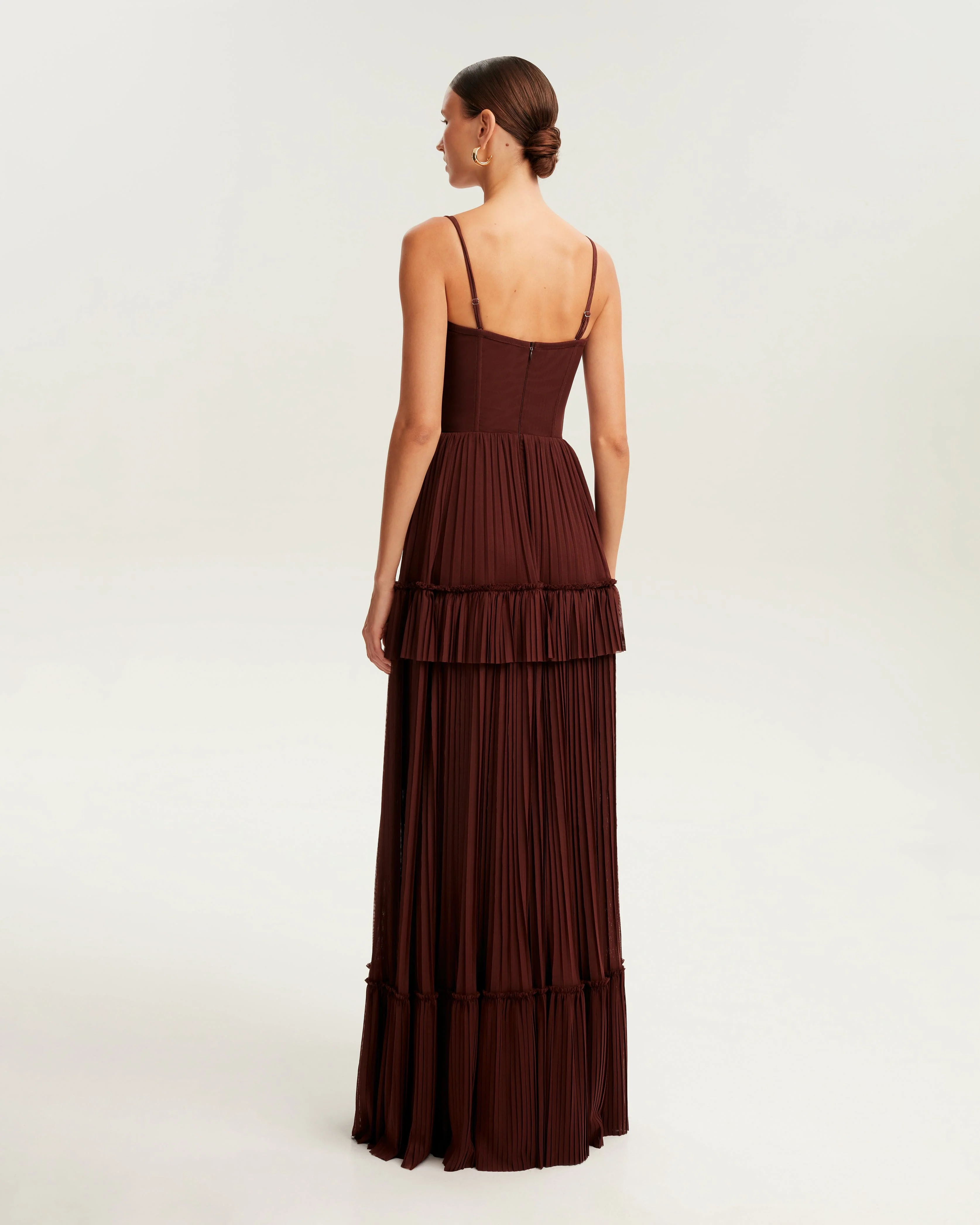 Chocolate spaghetti strap pleated maxi dress, Garden of Eden - Image 3