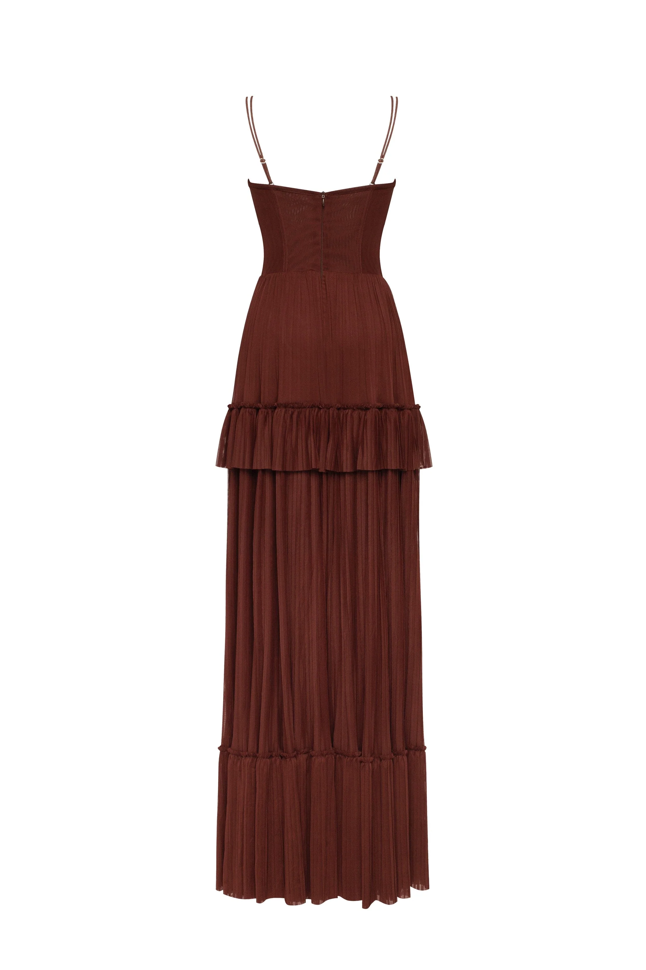 Chocolate spaghetti strap pleated maxi dress, Garden of Eden - Image 4