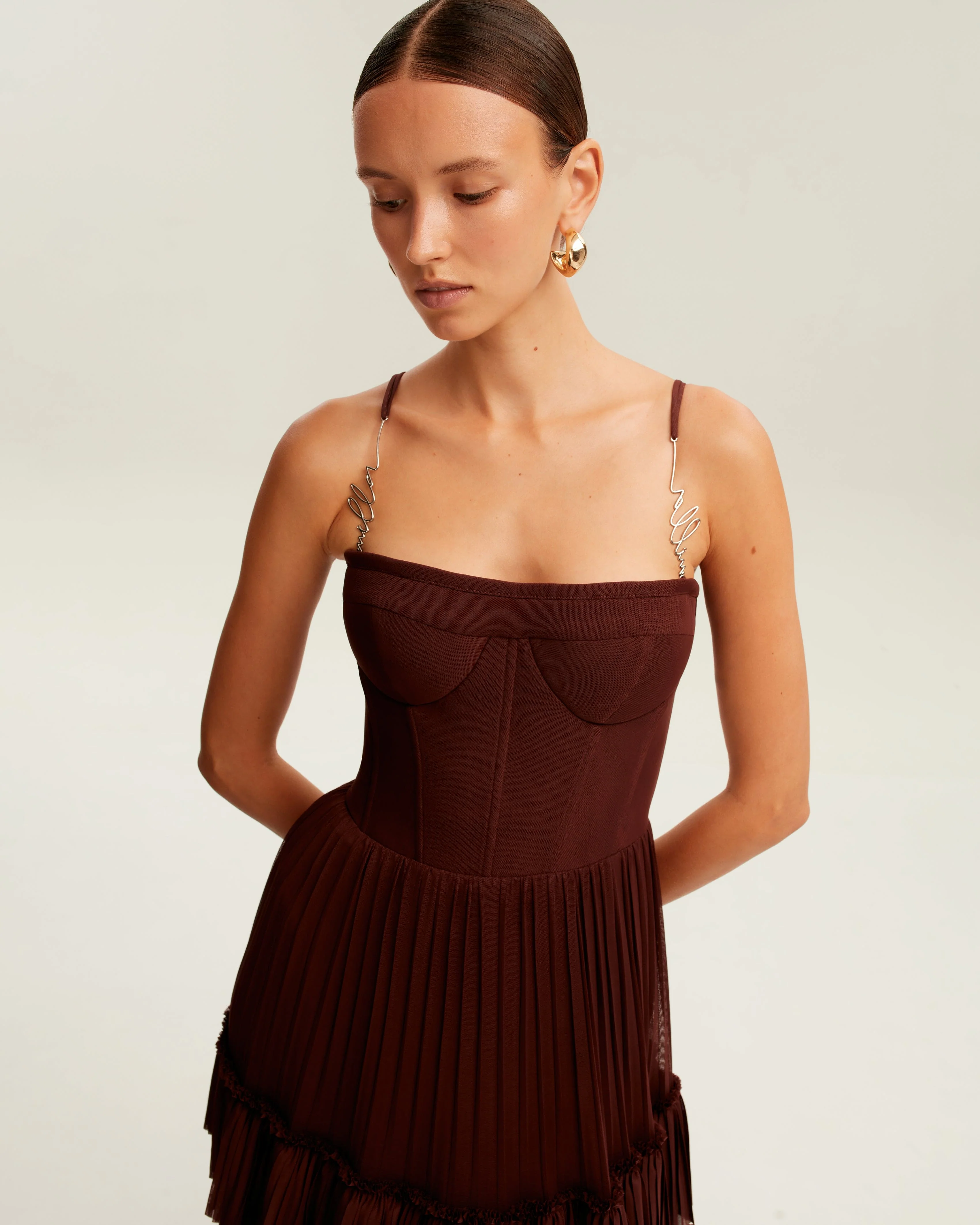 Chocolate spaghetti strap pleated maxi dress, Garden of Eden - Image 5