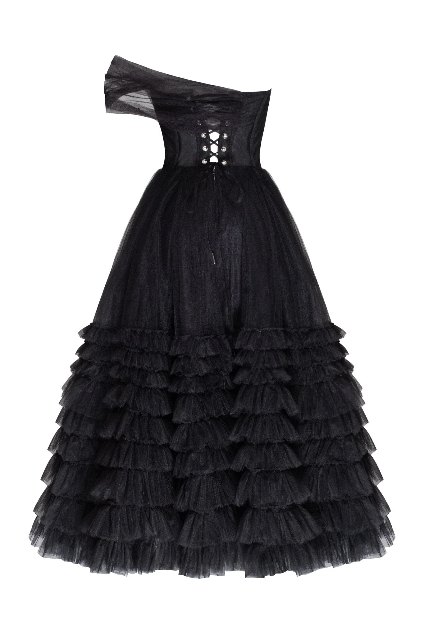 Cute one-shoulder frill-layered midi dress in black - Image 4