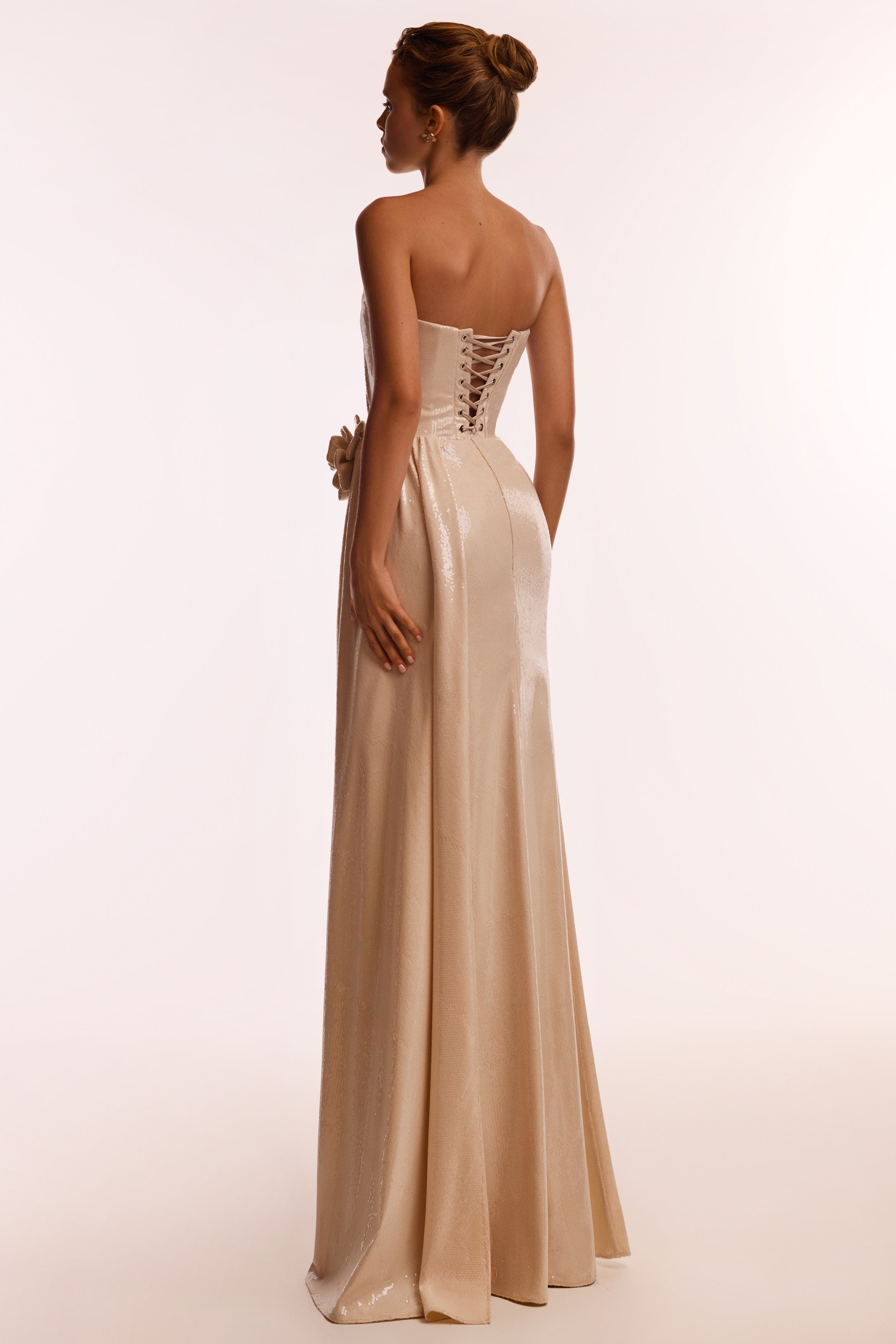 Dazzling sequinned maxi dress in nude with flower detail - Image 3