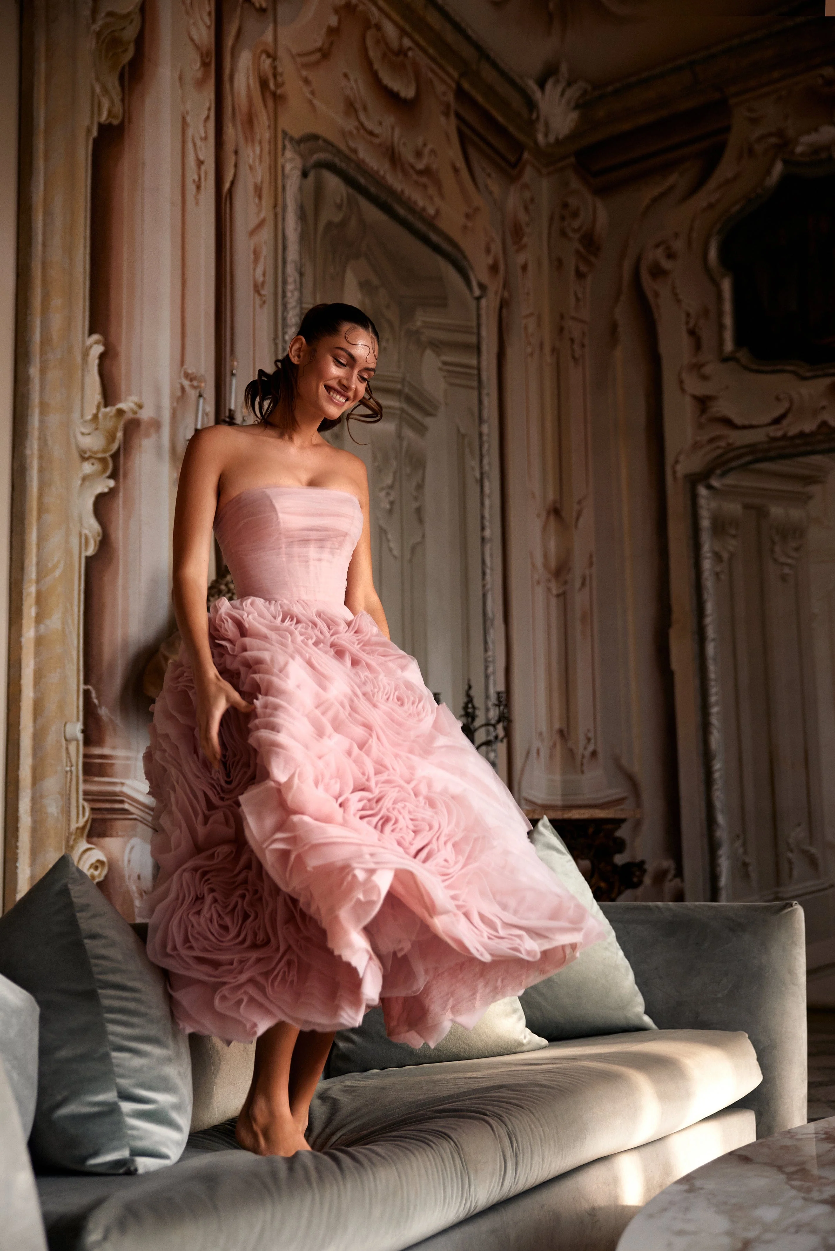 Dramatically flowered tulle dress in misty pink - Image 10