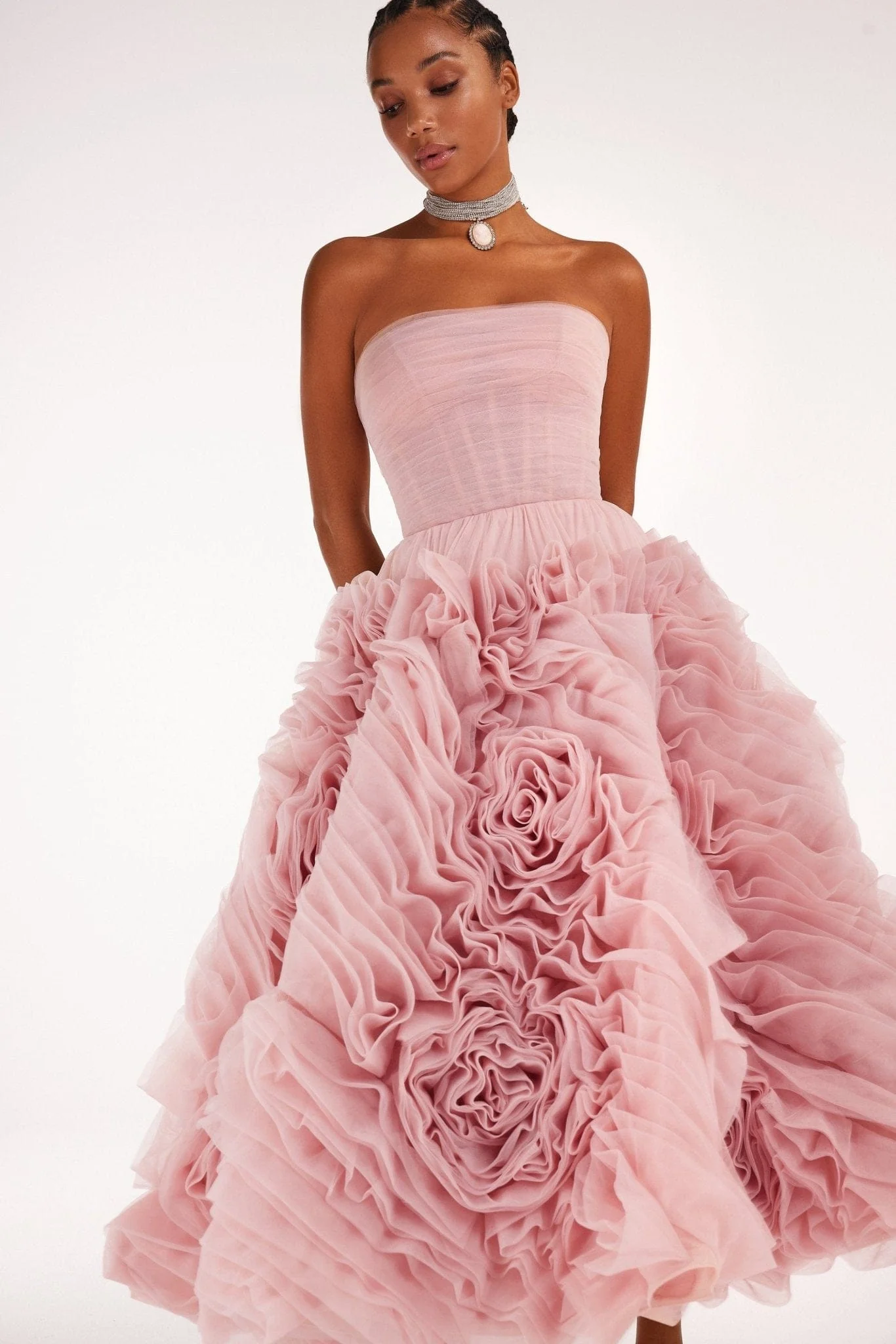 Dramatically flowered tulle dress in misty pink - Image 5