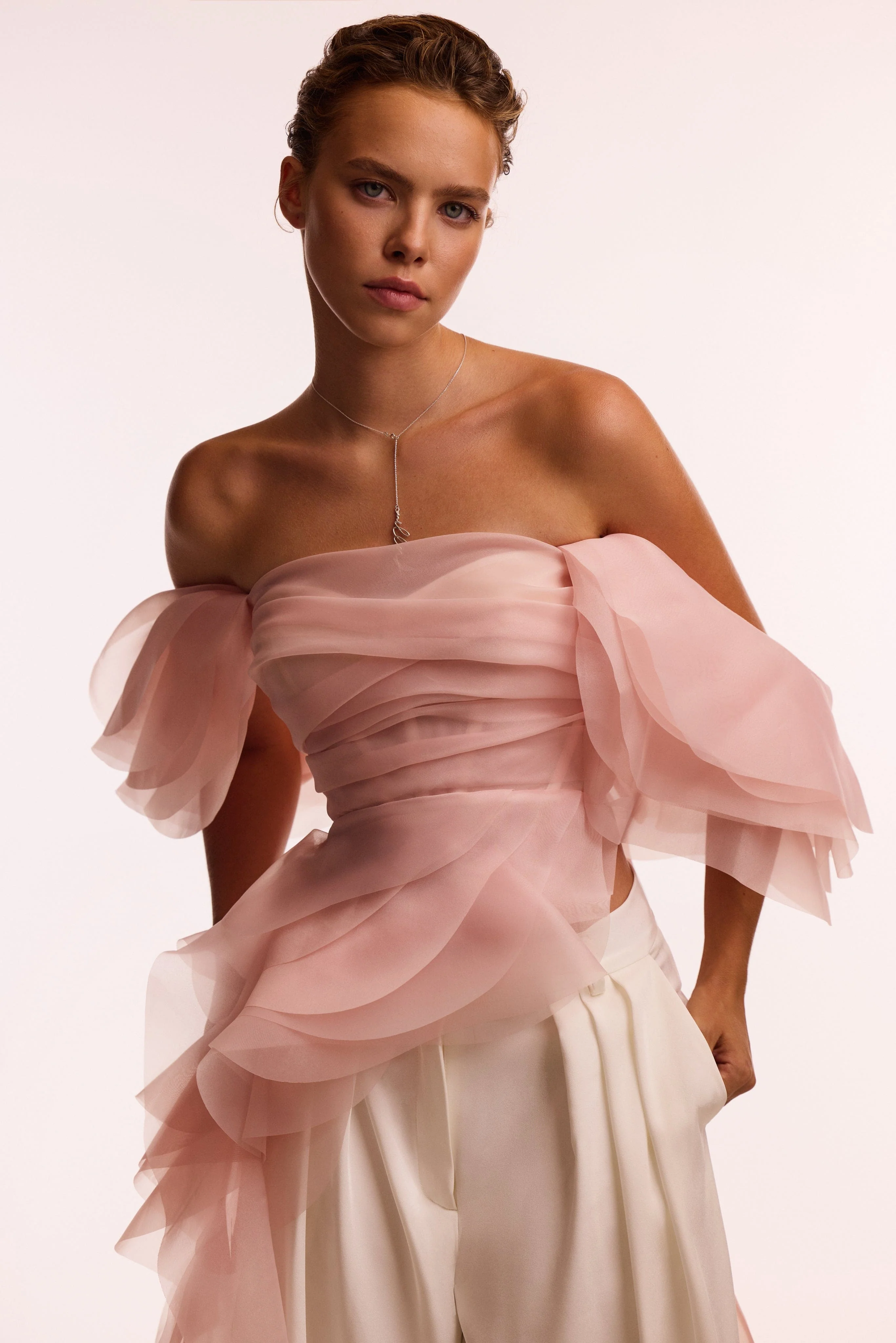 Dreamy off-shoulder blouse with meringue flounces in misty rose, Midnight Walk - Image 10