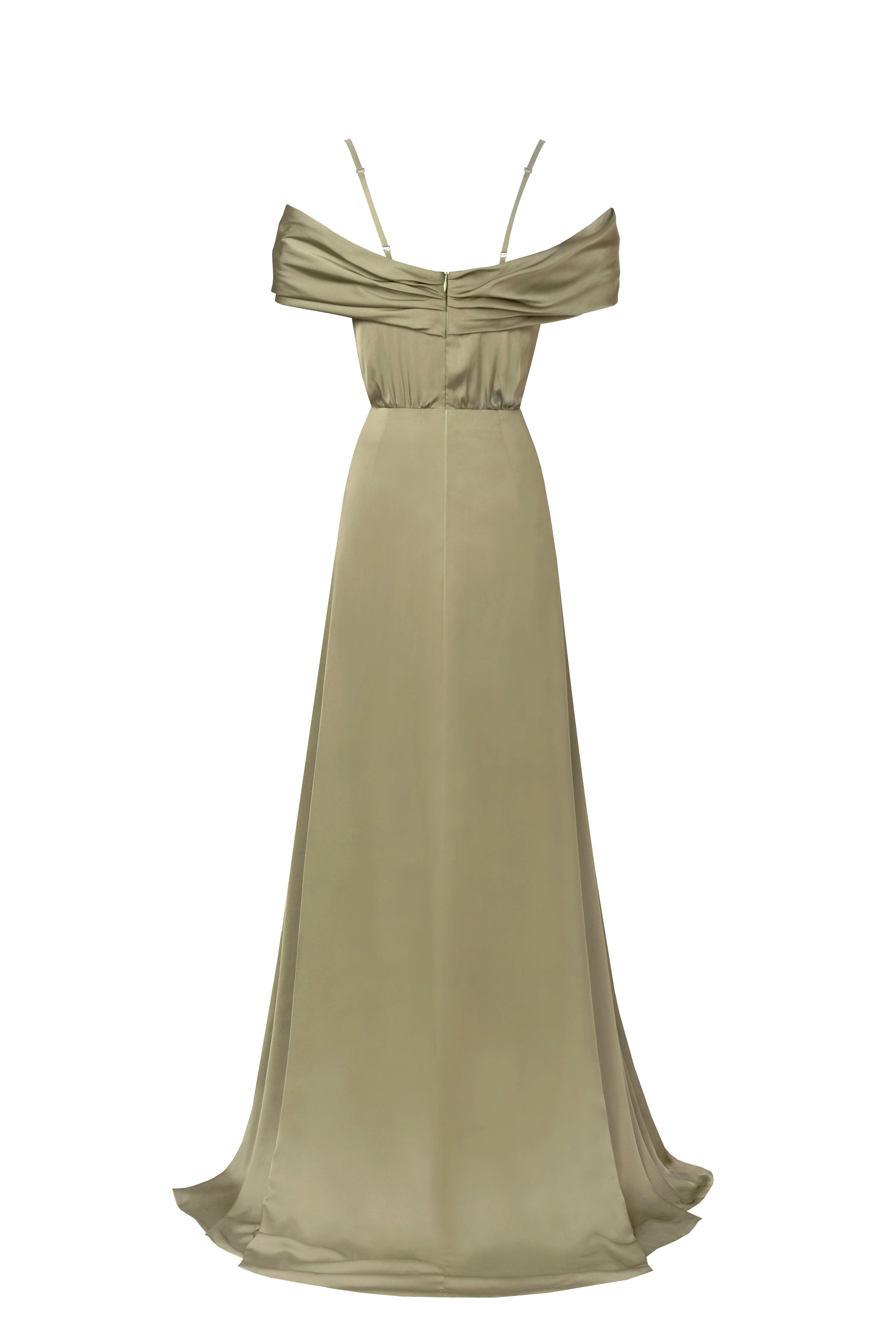 Elegant olive off-the-shoulder silk maxi dress - Image 4