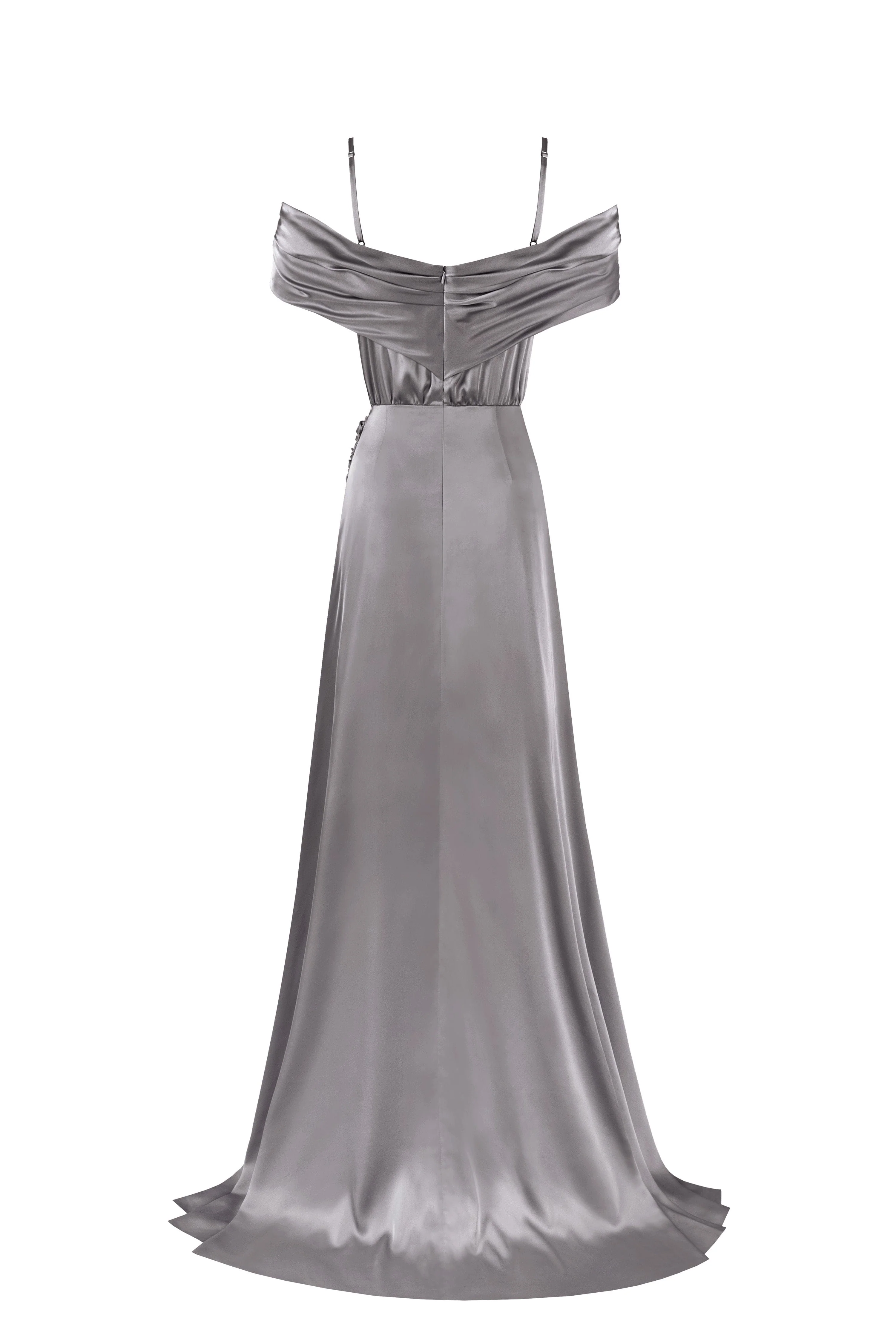 Elegant silver off-the-shoulder silk maxi dress - Image 4