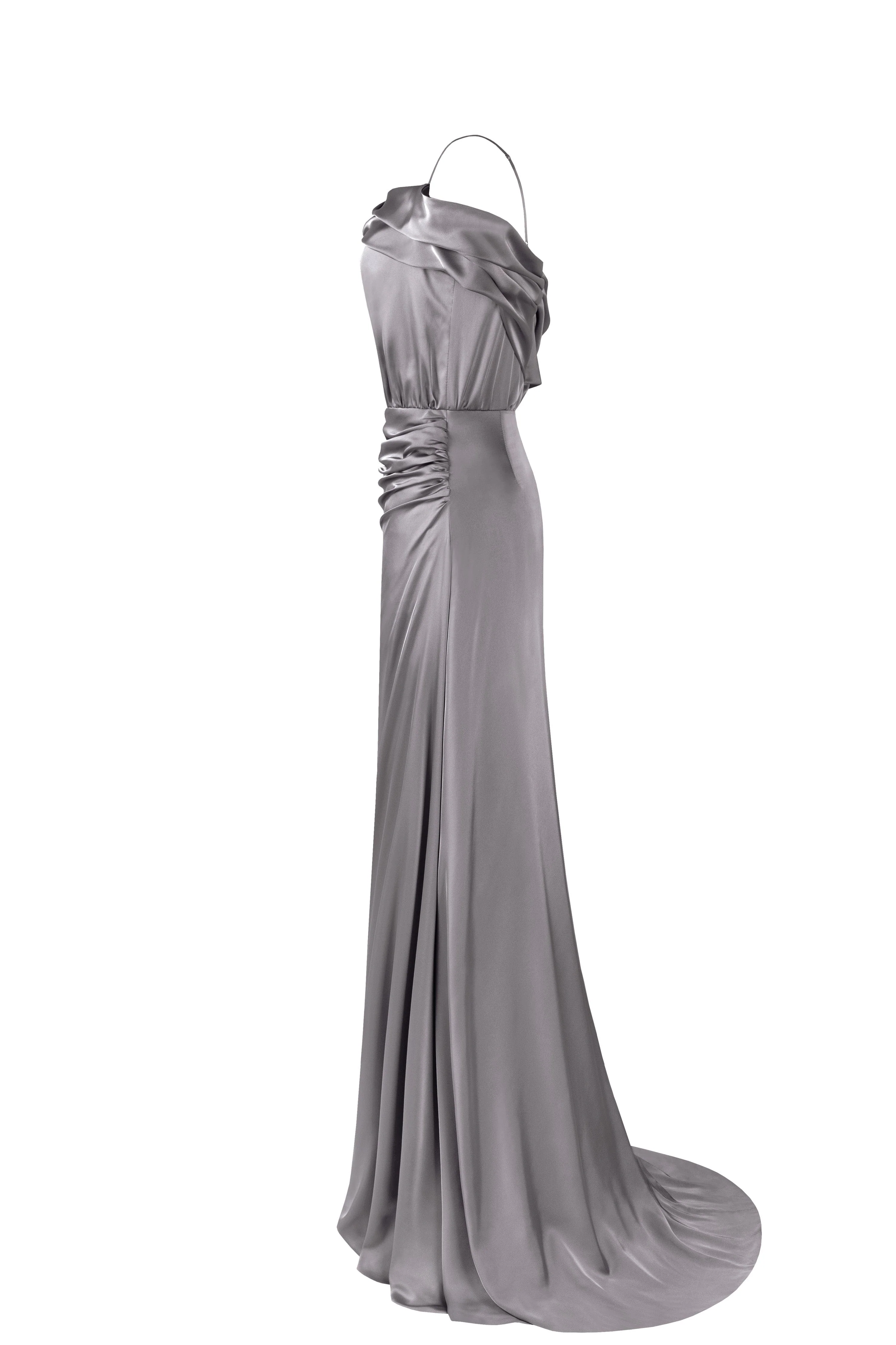 Elegant silver off-the-shoulder silk maxi dress - Image 7