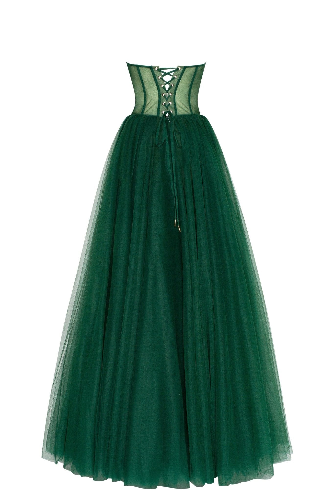 Emerald Green Tulle Maxi Dress with a Corset Bustier - Image 4