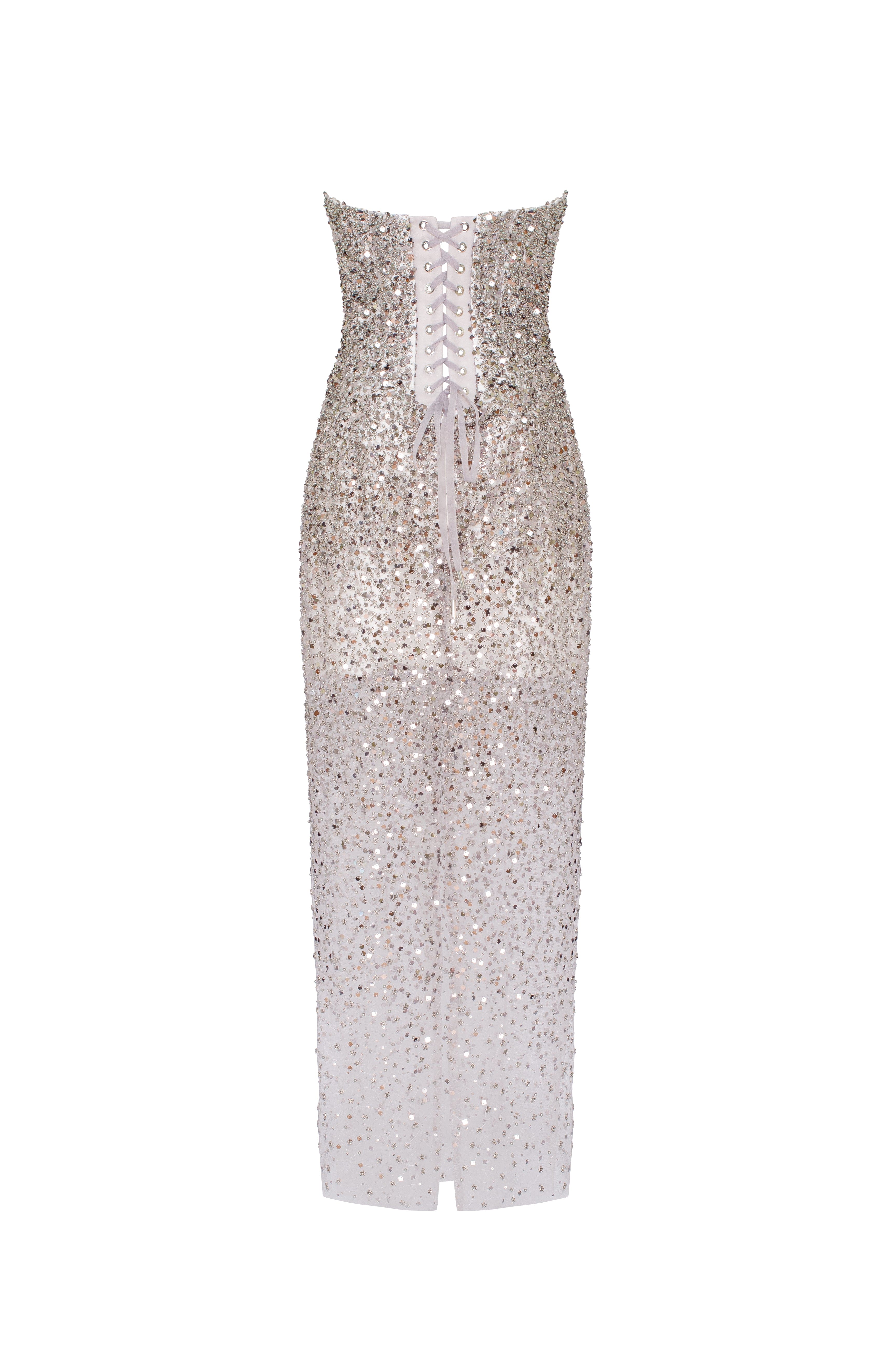 Entrance-worthy semi-sheer sequined silver maxi dress, Midnight Walk - Image 4