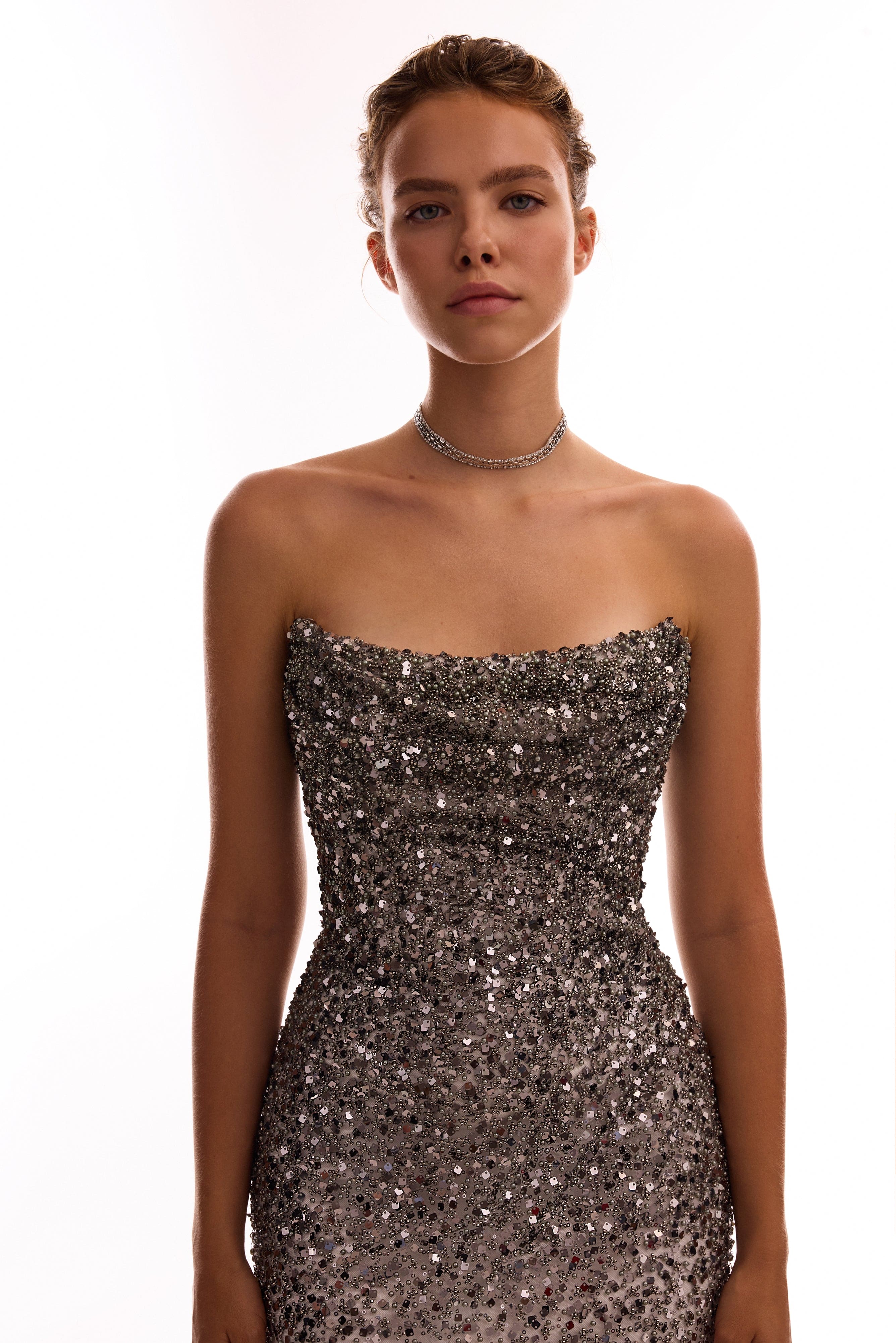 Entrance-worthy semi-sheer sequined silver maxi dress, Midnight Walk - Image 5