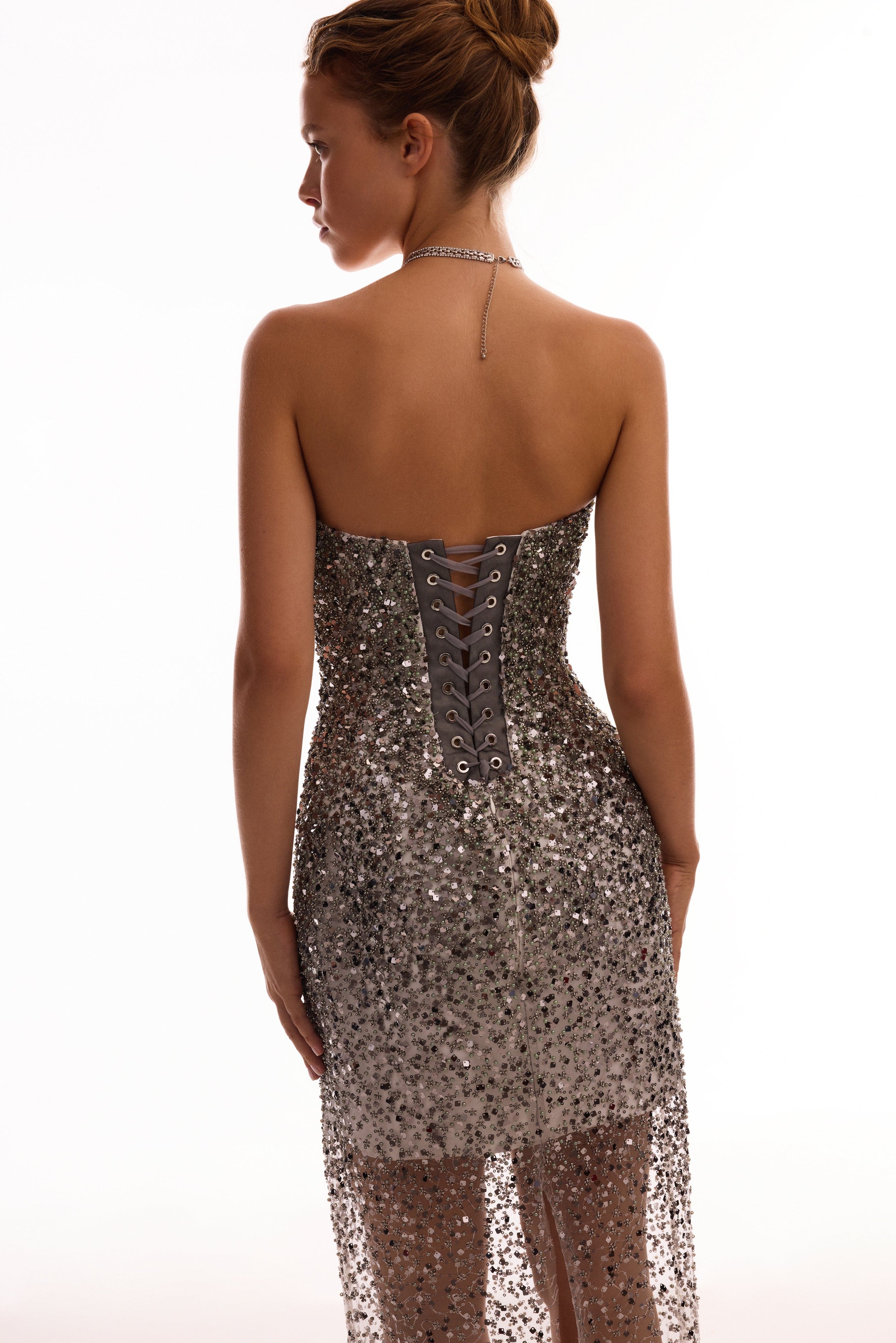 Entrance-worthy semi-sheer sequined silver maxi dress, Midnight Walk - Image 7