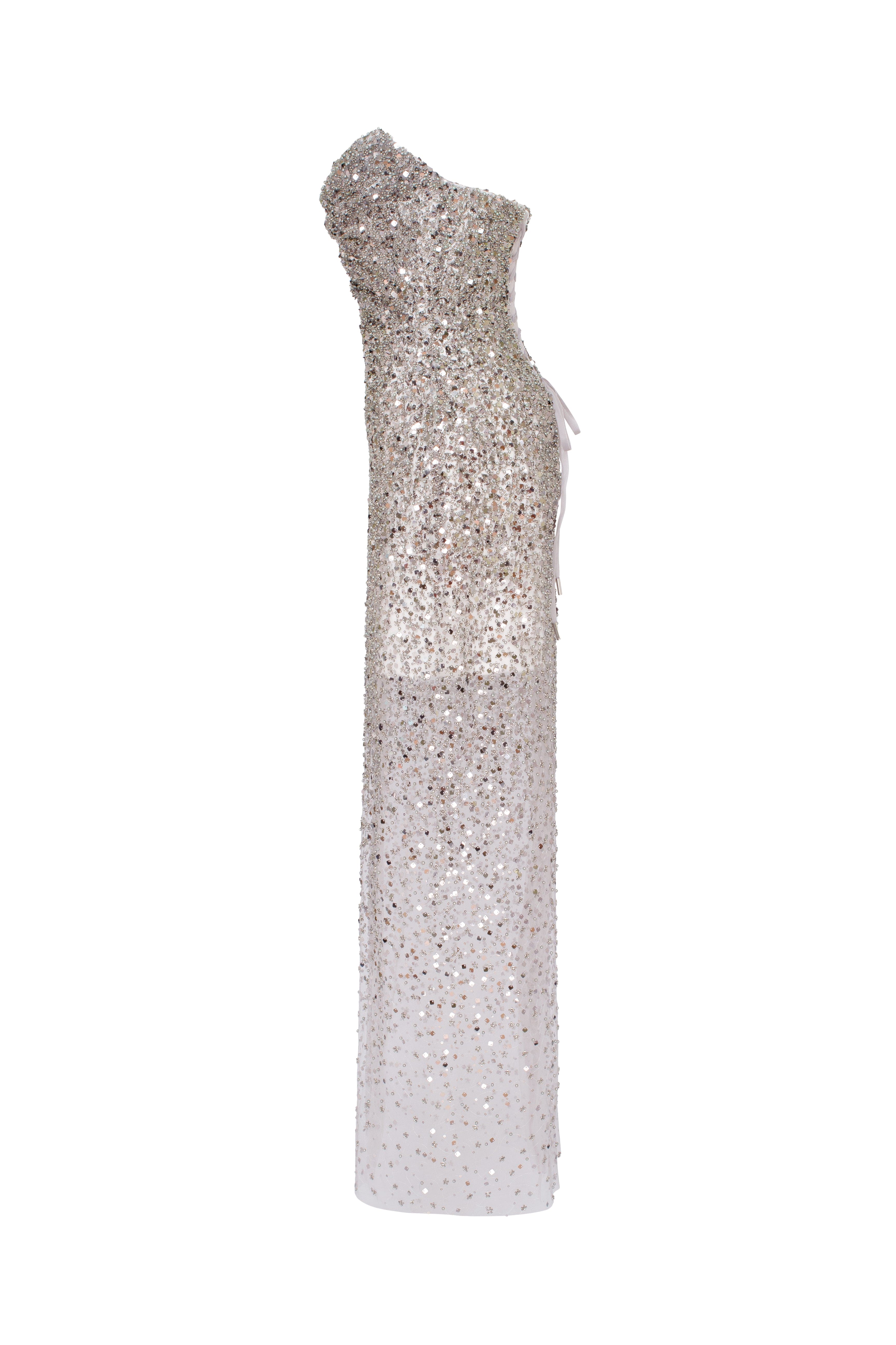 Entrance-worthy semi-sheer sequined silver maxi dress, Midnight Walk - Image 8