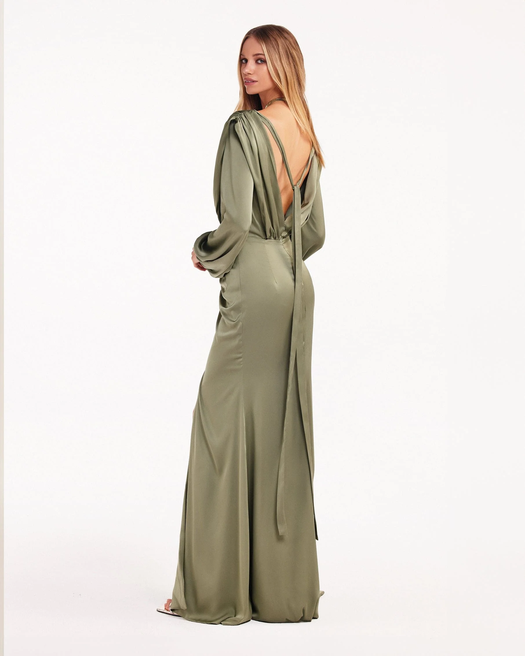 Fancy olive silk maxi evening dress - Image 3