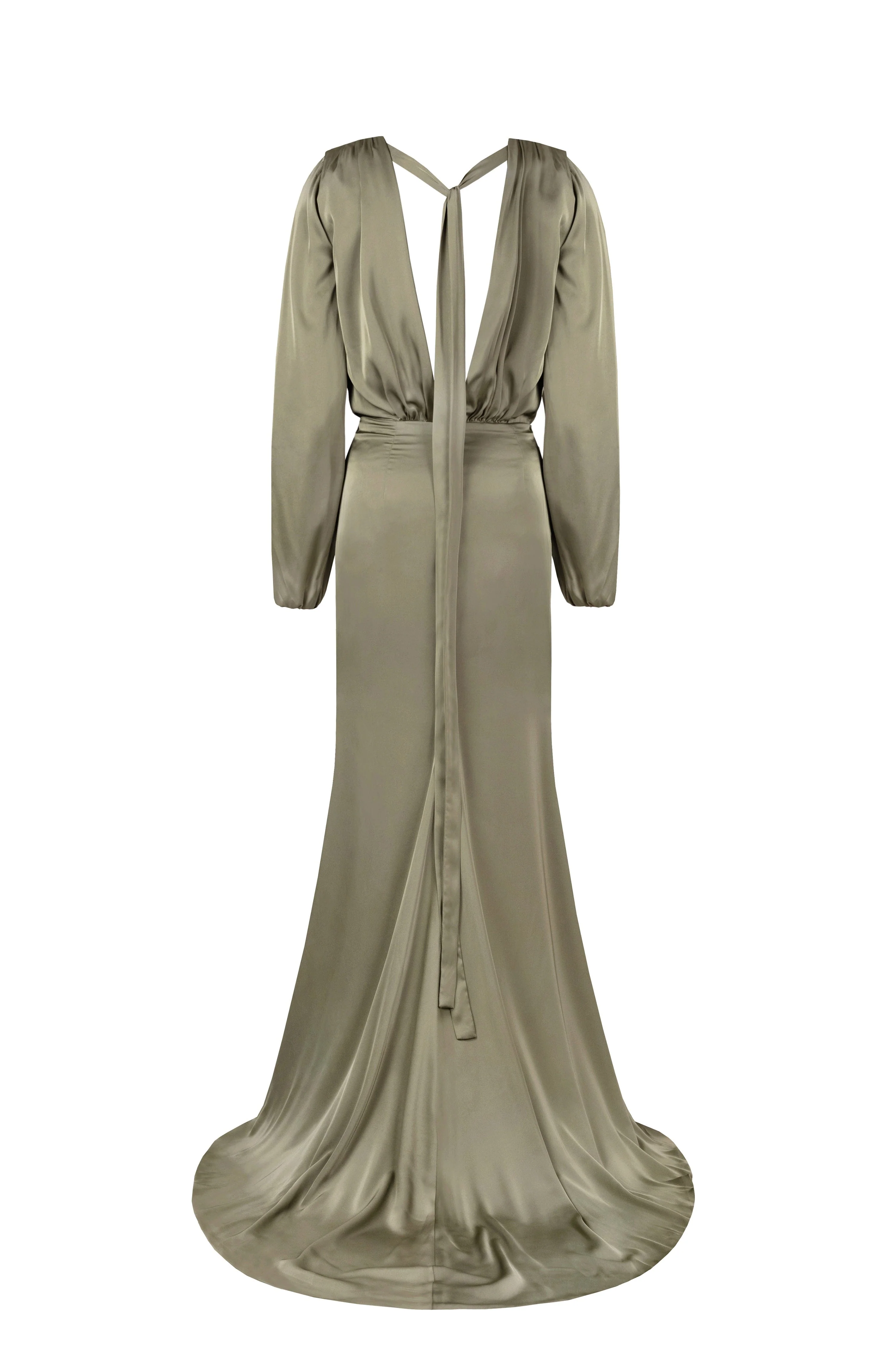 Fancy olive silk maxi evening dress - Image 4