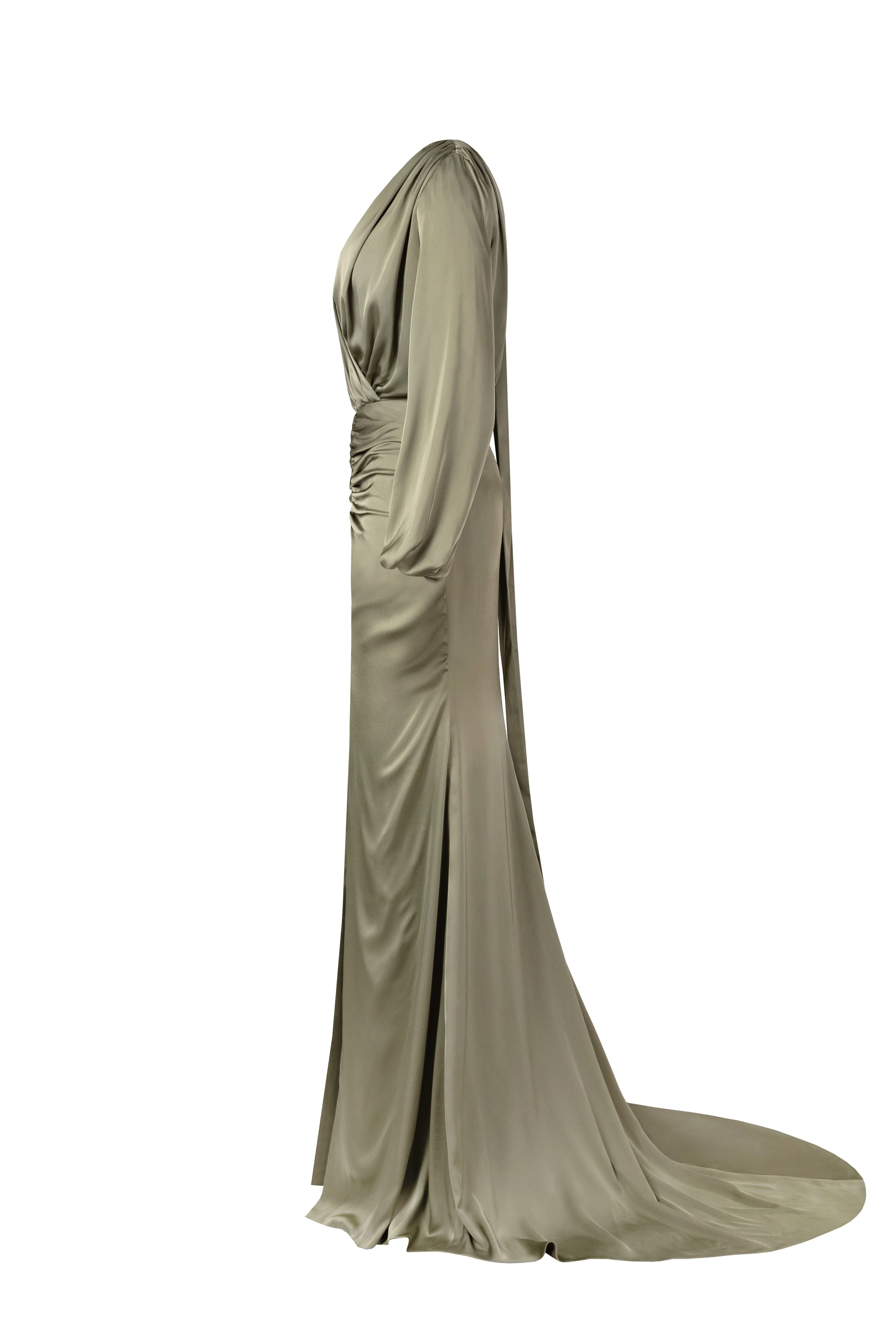 Fancy olive silk maxi evening dress - Image 7
