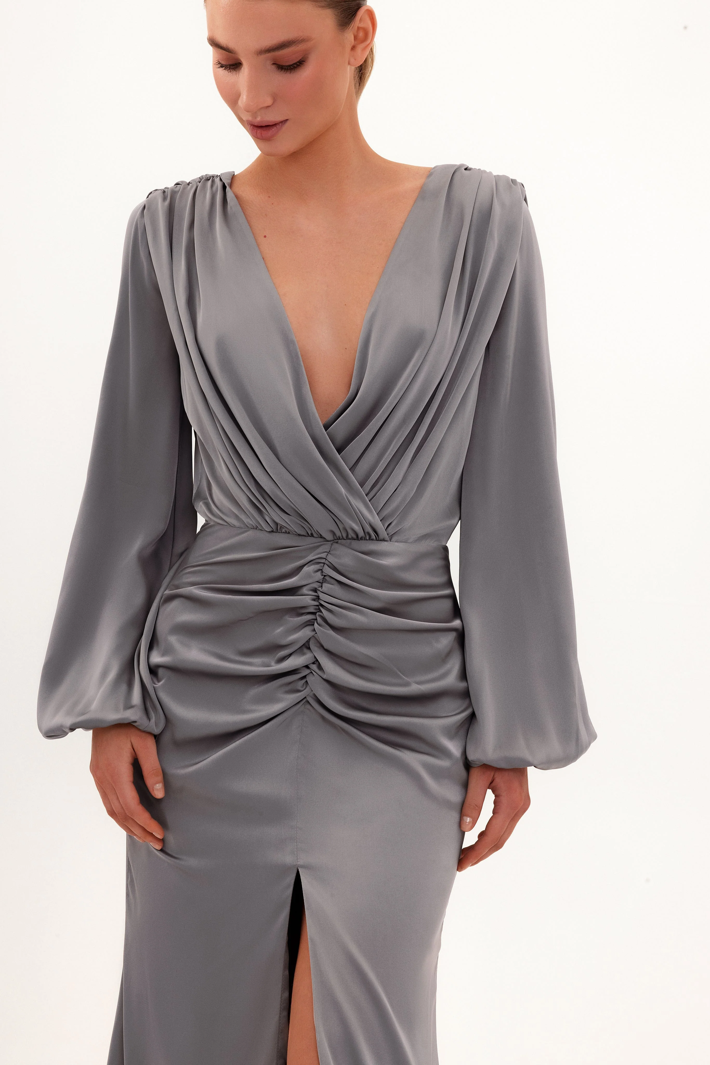 Fancy silver silk maxi evening dress - Image 5
