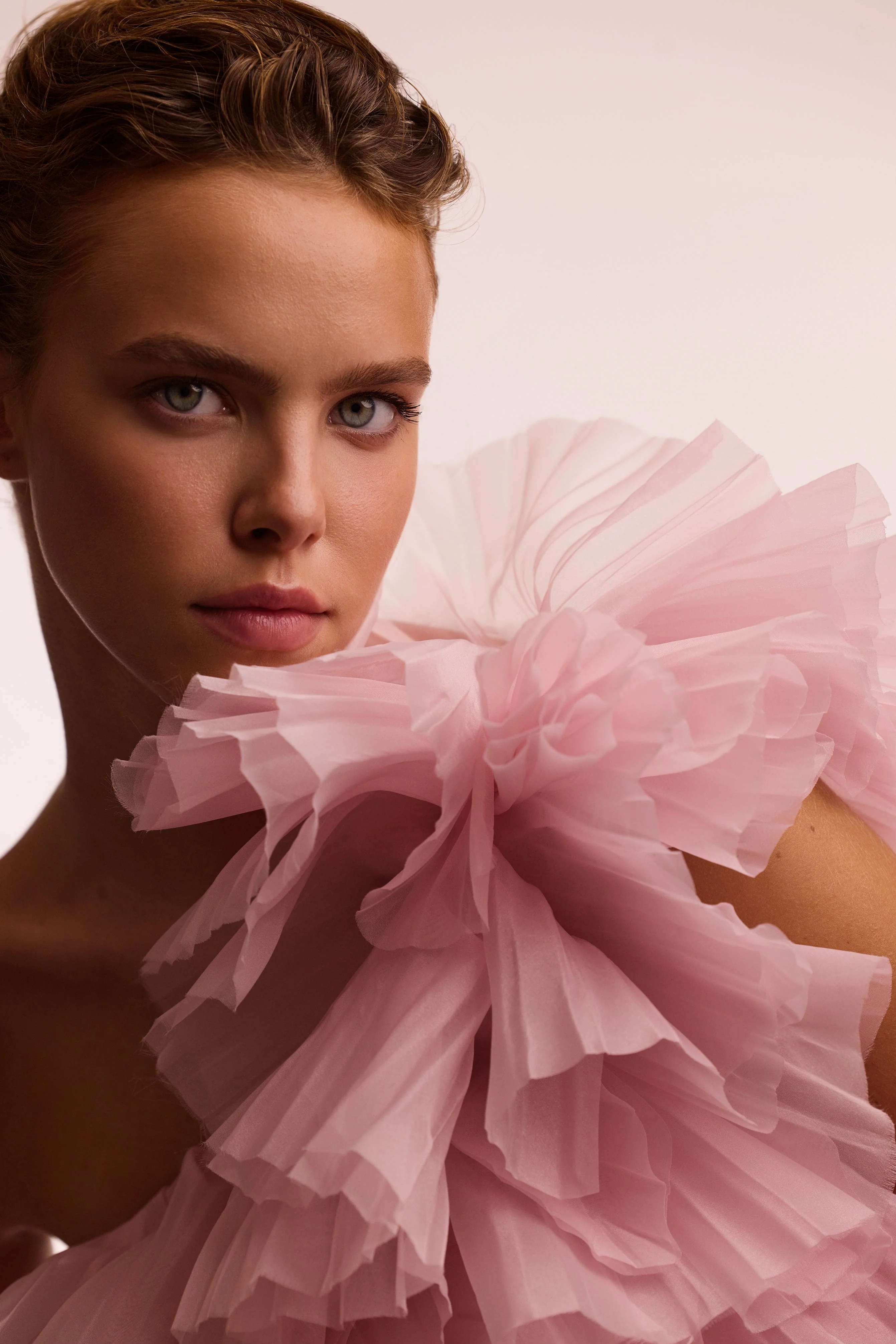 Flirty ruffled one-shoulder organza pink top, Midnight Walk - Image 9