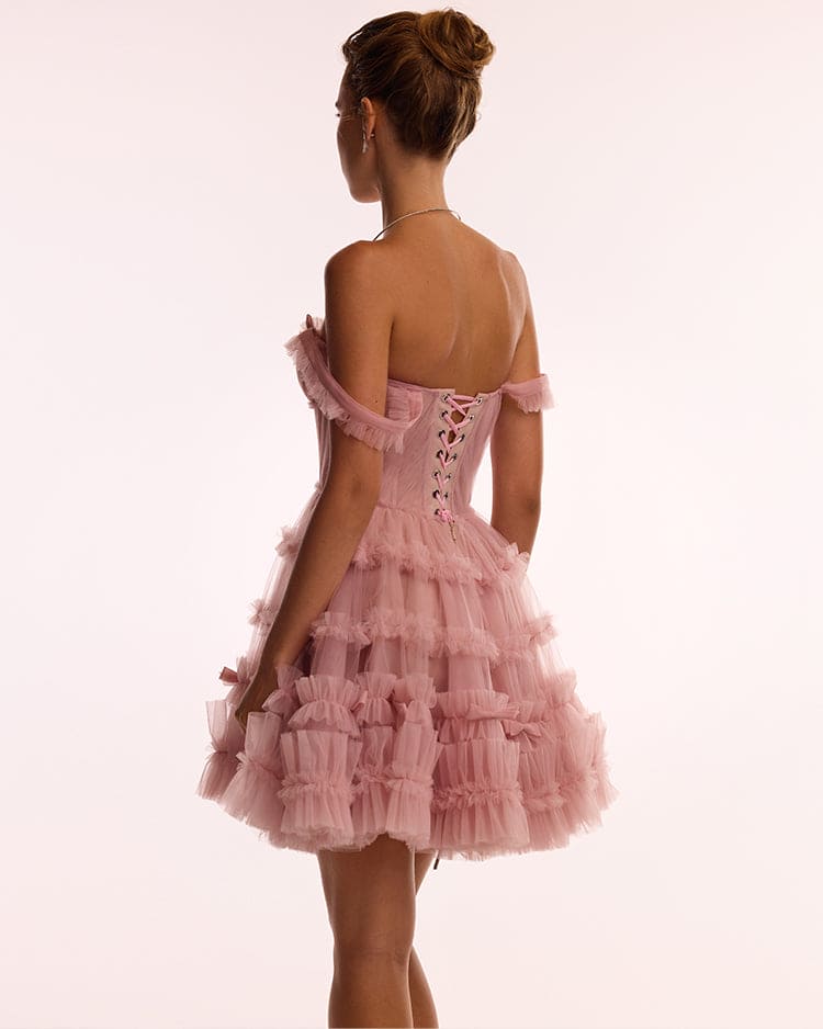 Flirty ruffled tulle mini dress in misty rose, Glow-Up - Image 3
