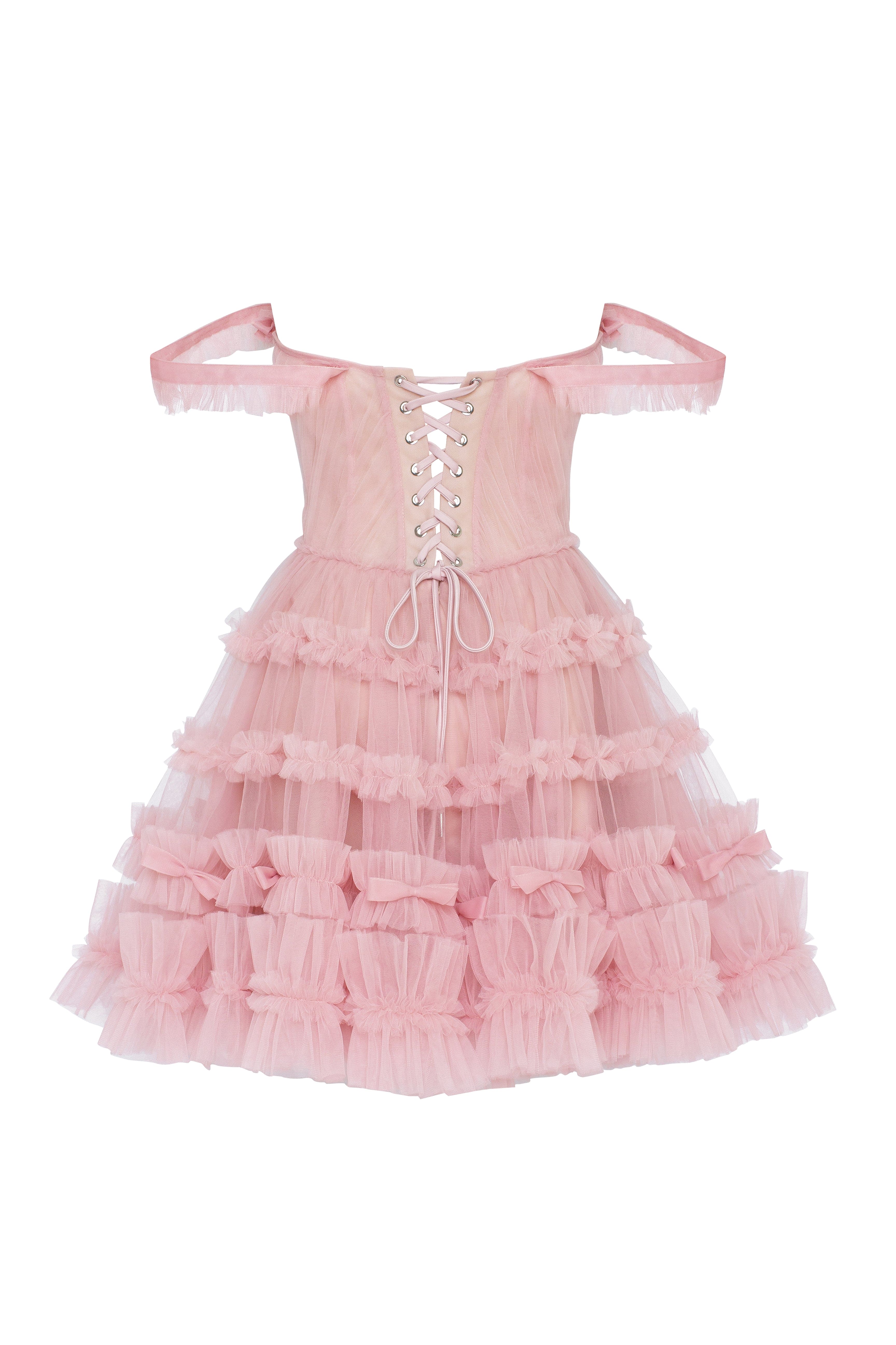 Flirty ruffled tulle mini dress in misty rose, Glow-Up - Image 4