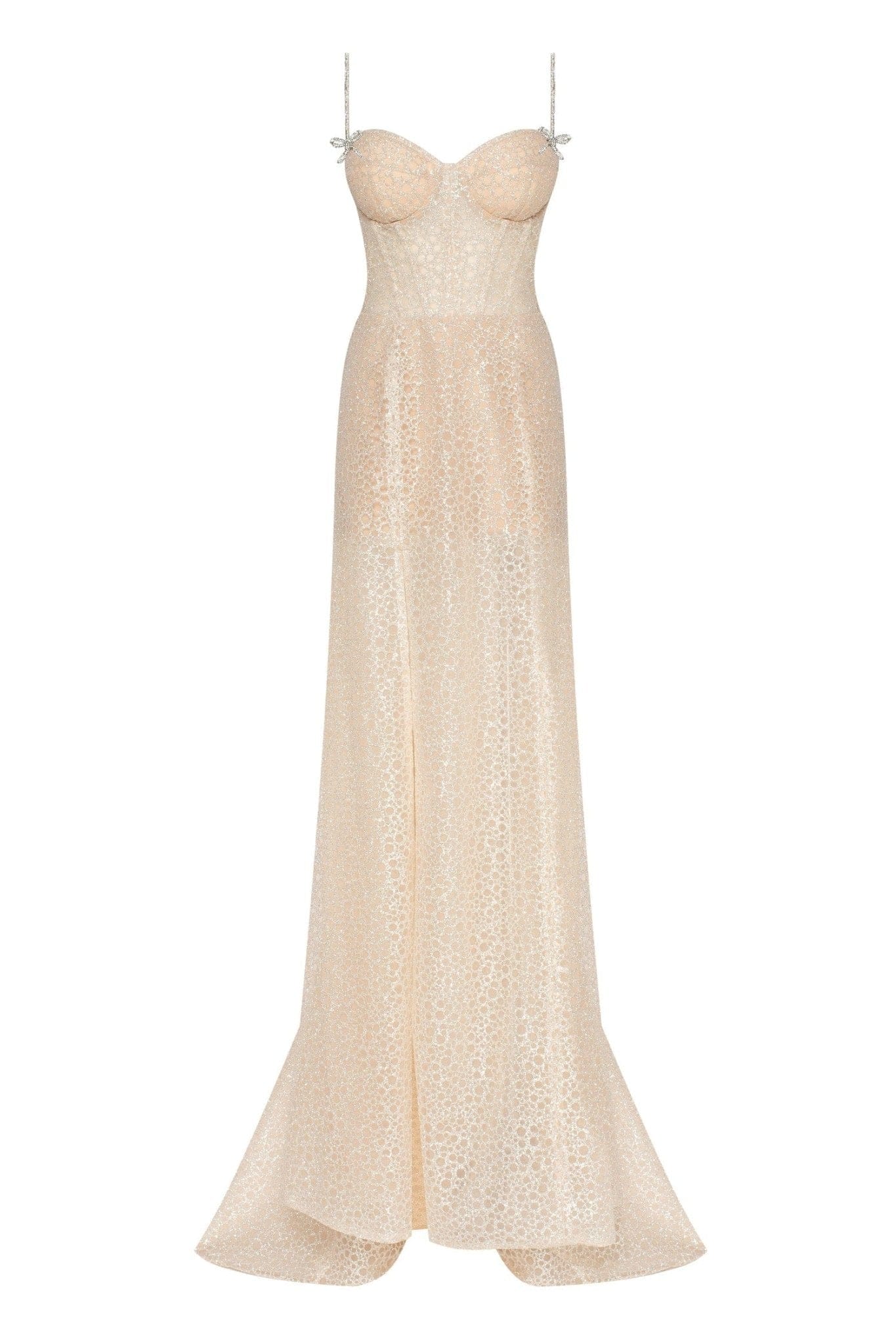Golden Royal fitted evening gown with the high slit - Image 2