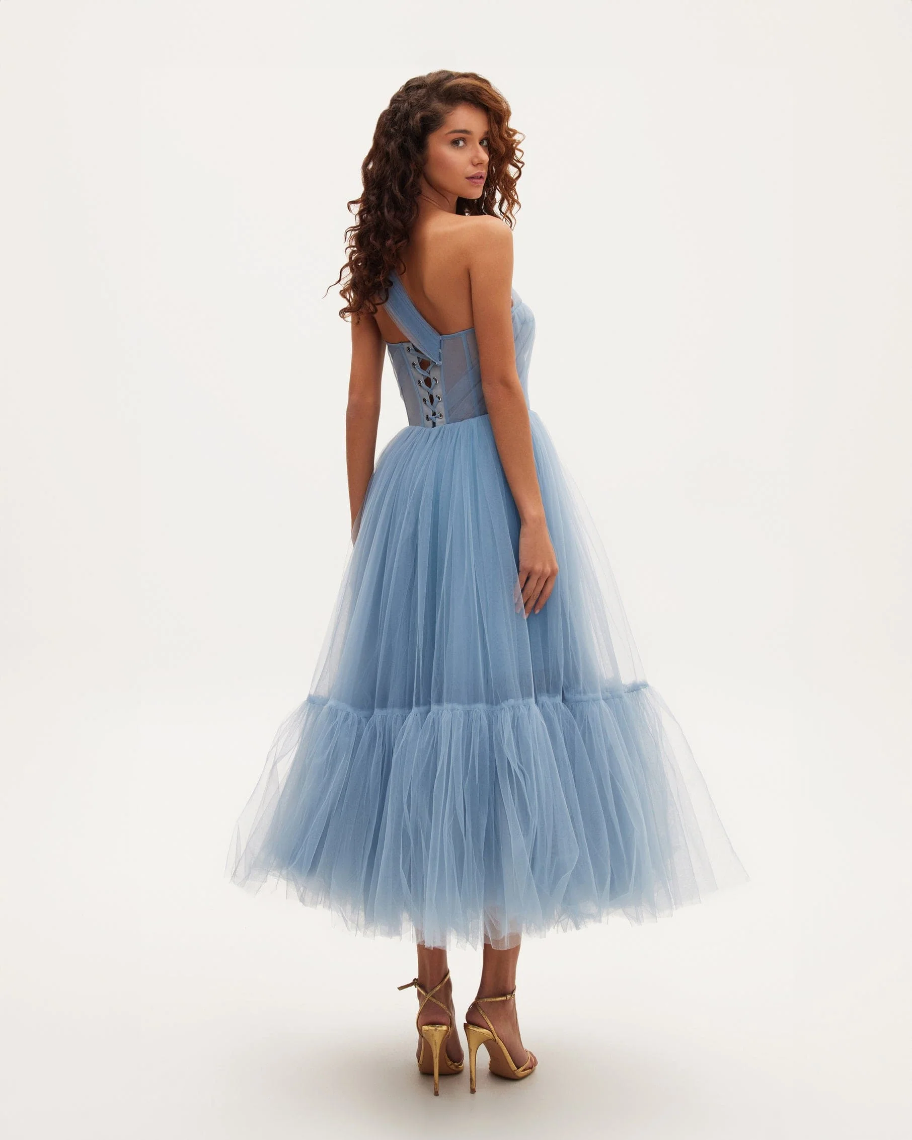 Light Blue One-Shoulder Cocktail Tulle Dress - Image 3