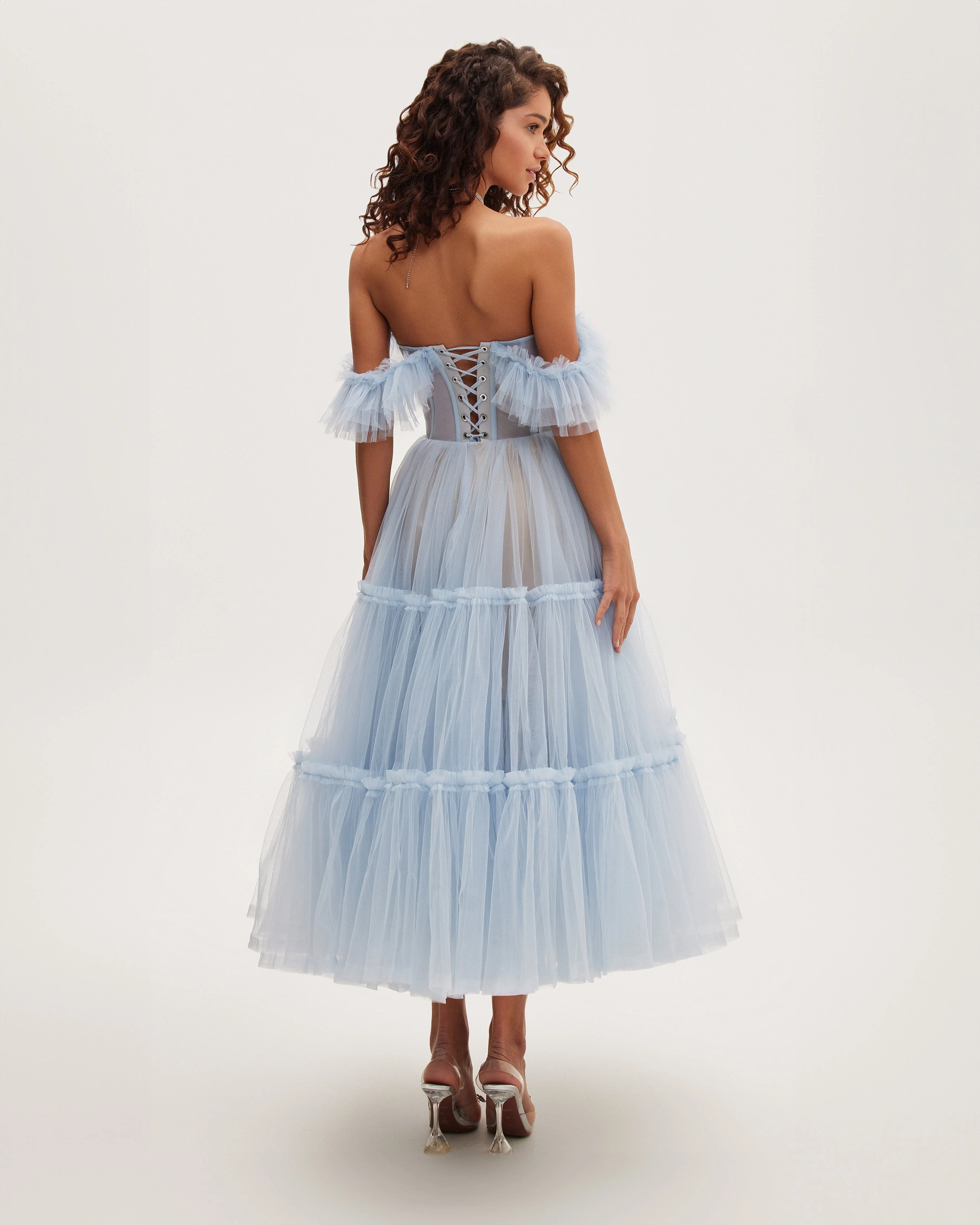 Light Blue Ruffled Tulle Midi Dress - Image 3