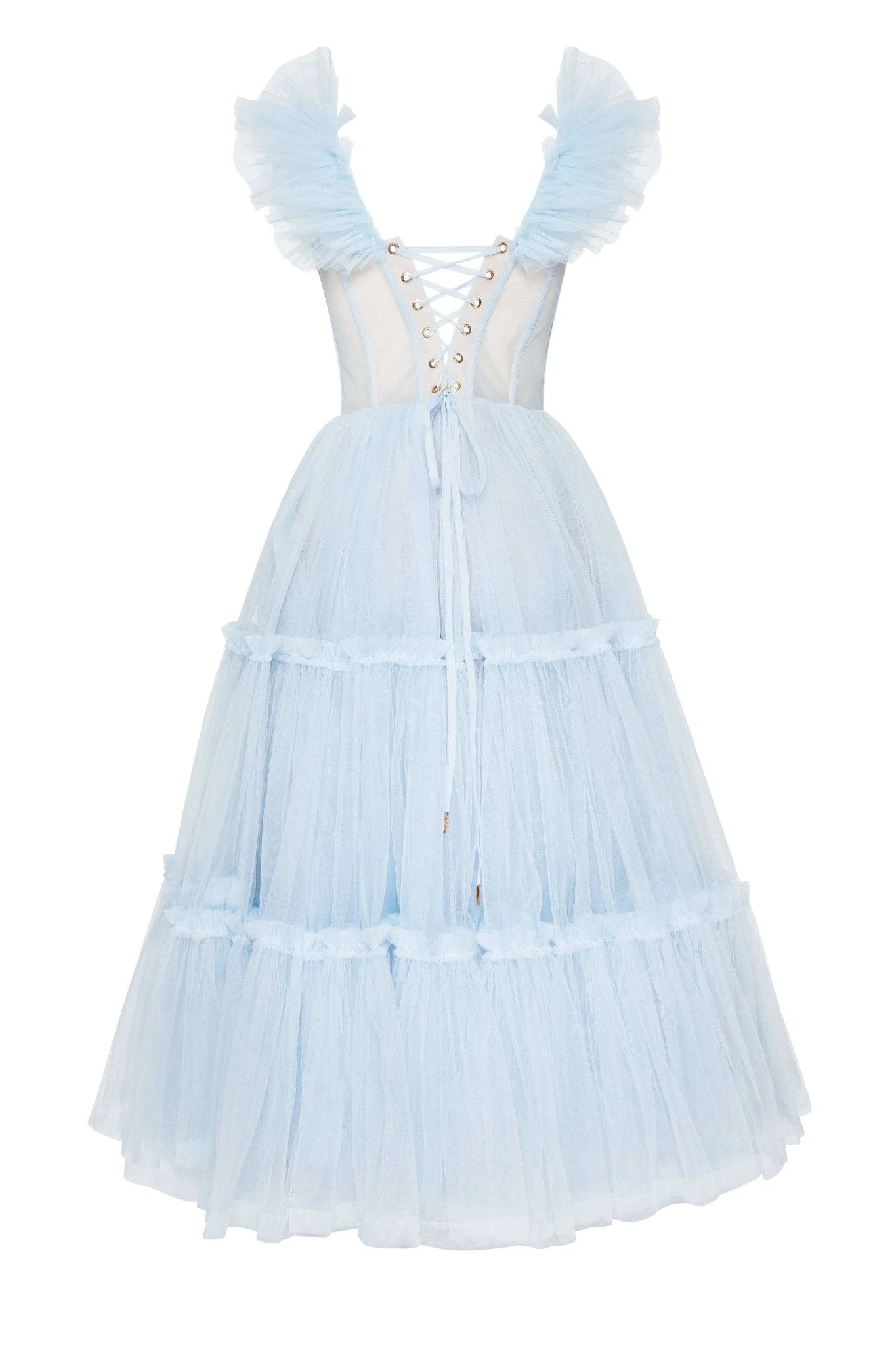 Light Blue Ruffled Tulle Midi Dress - Image 4