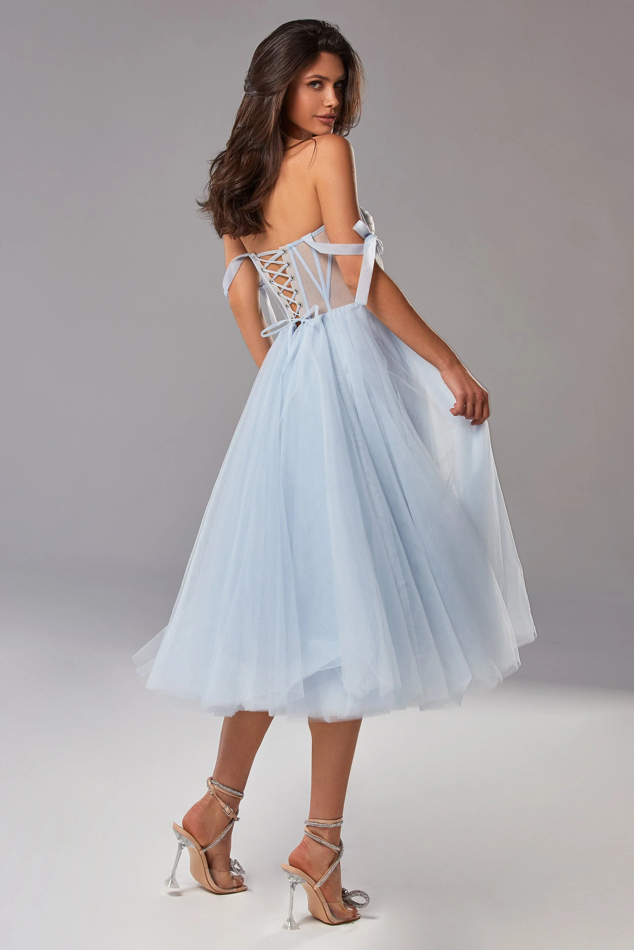 Light Blue Tie shoulder midi tulle dress - Image 3