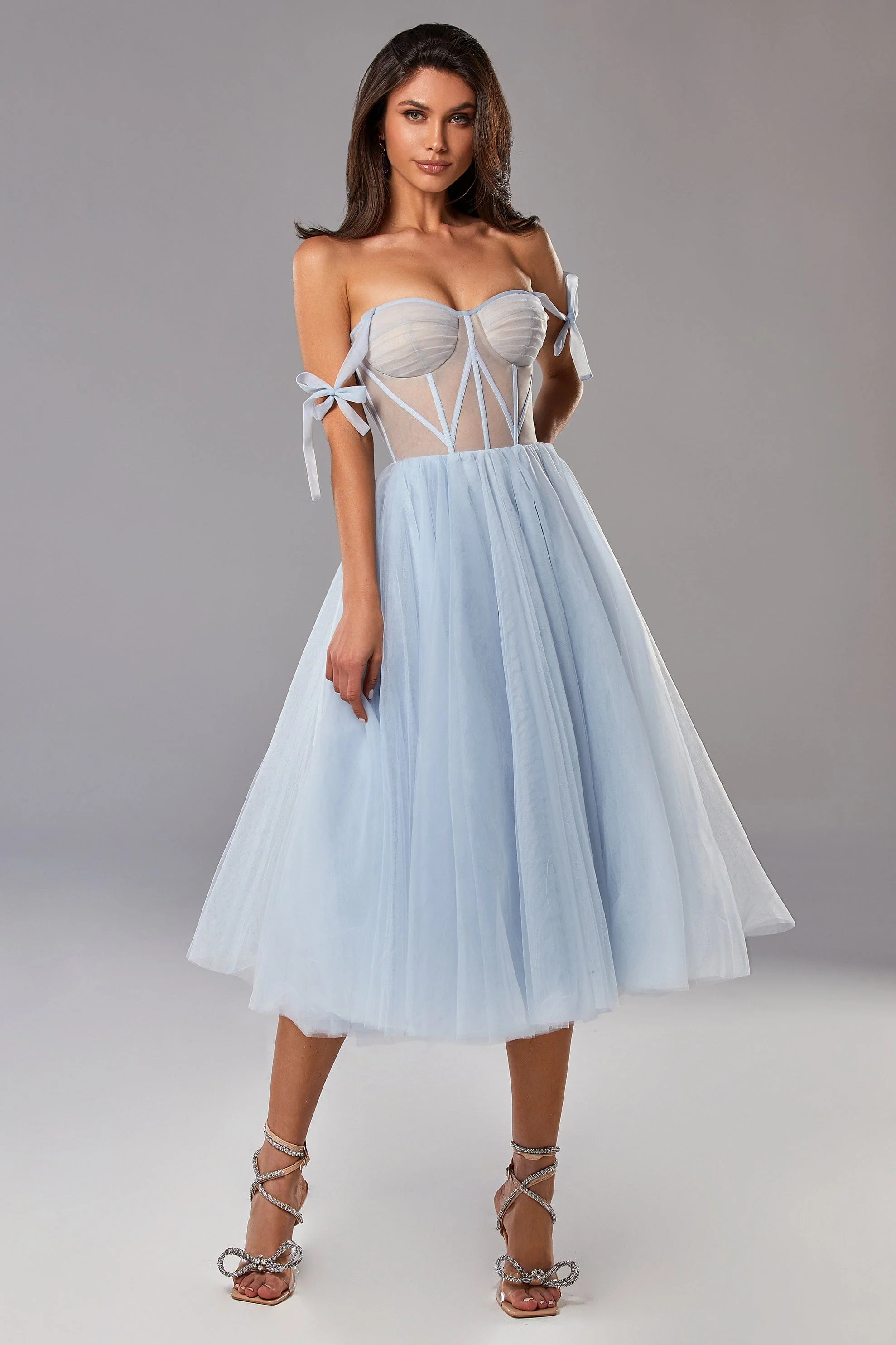 Light Blue Tie shoulder midi tulle dress - Image 6