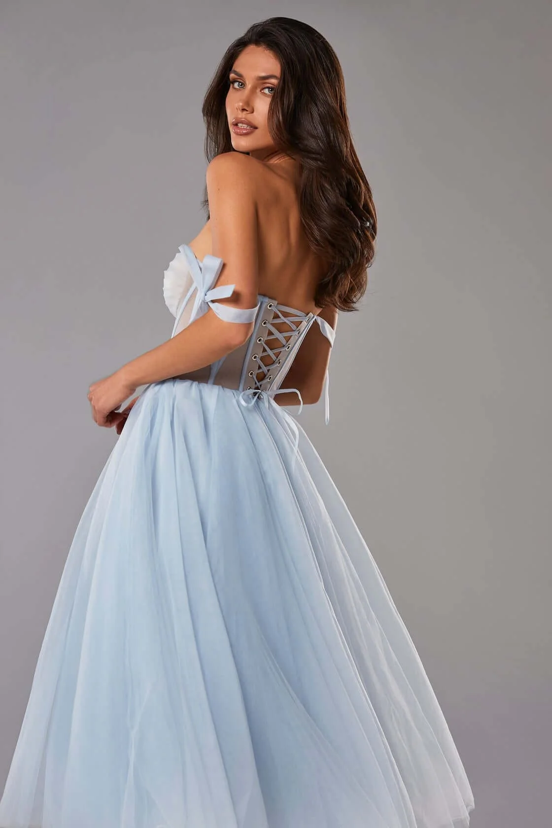 Light Blue Tie shoulder midi tulle dress - Image 8