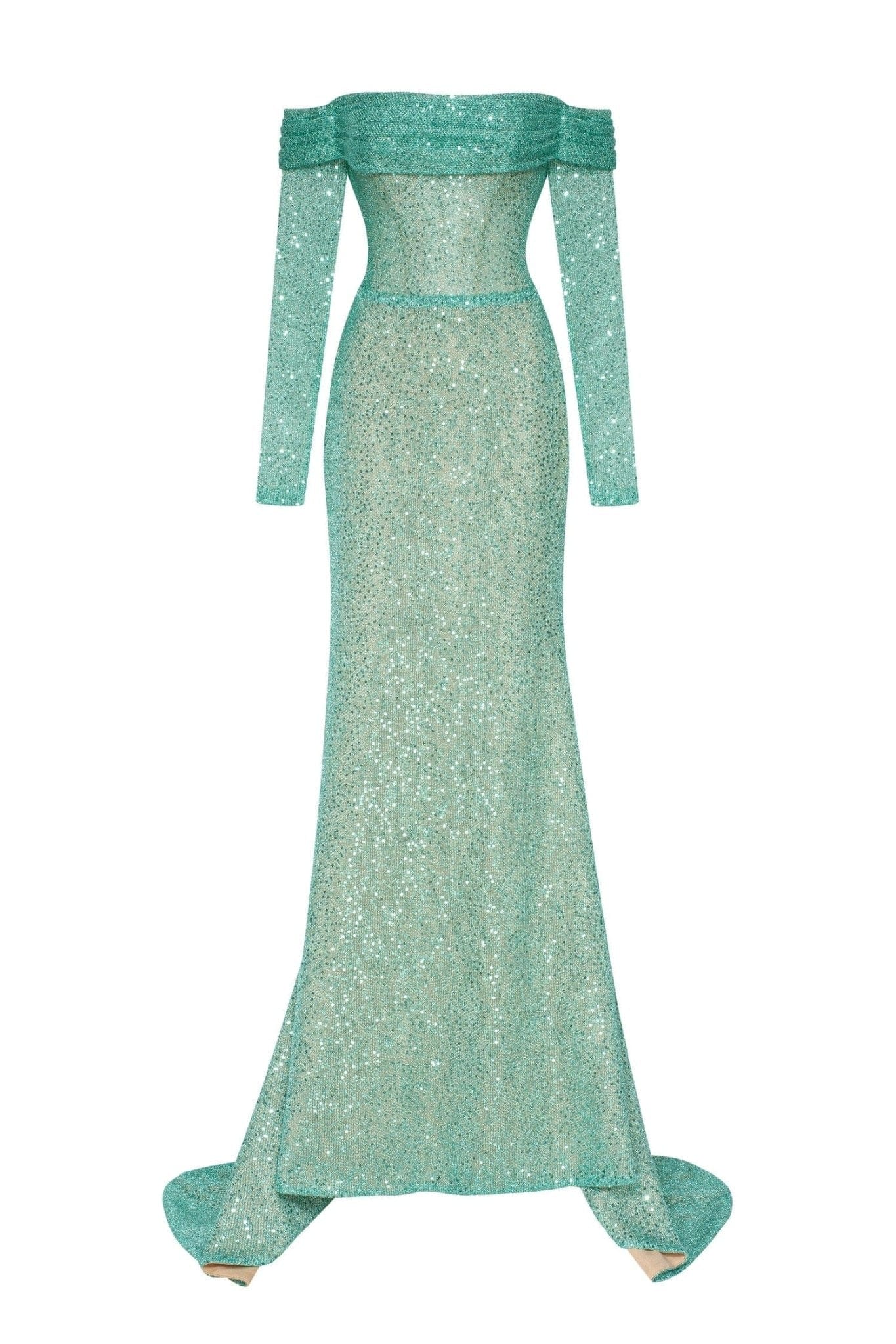 Mint Green Romantic off-the-shoulder sparkling long dress - Image 2