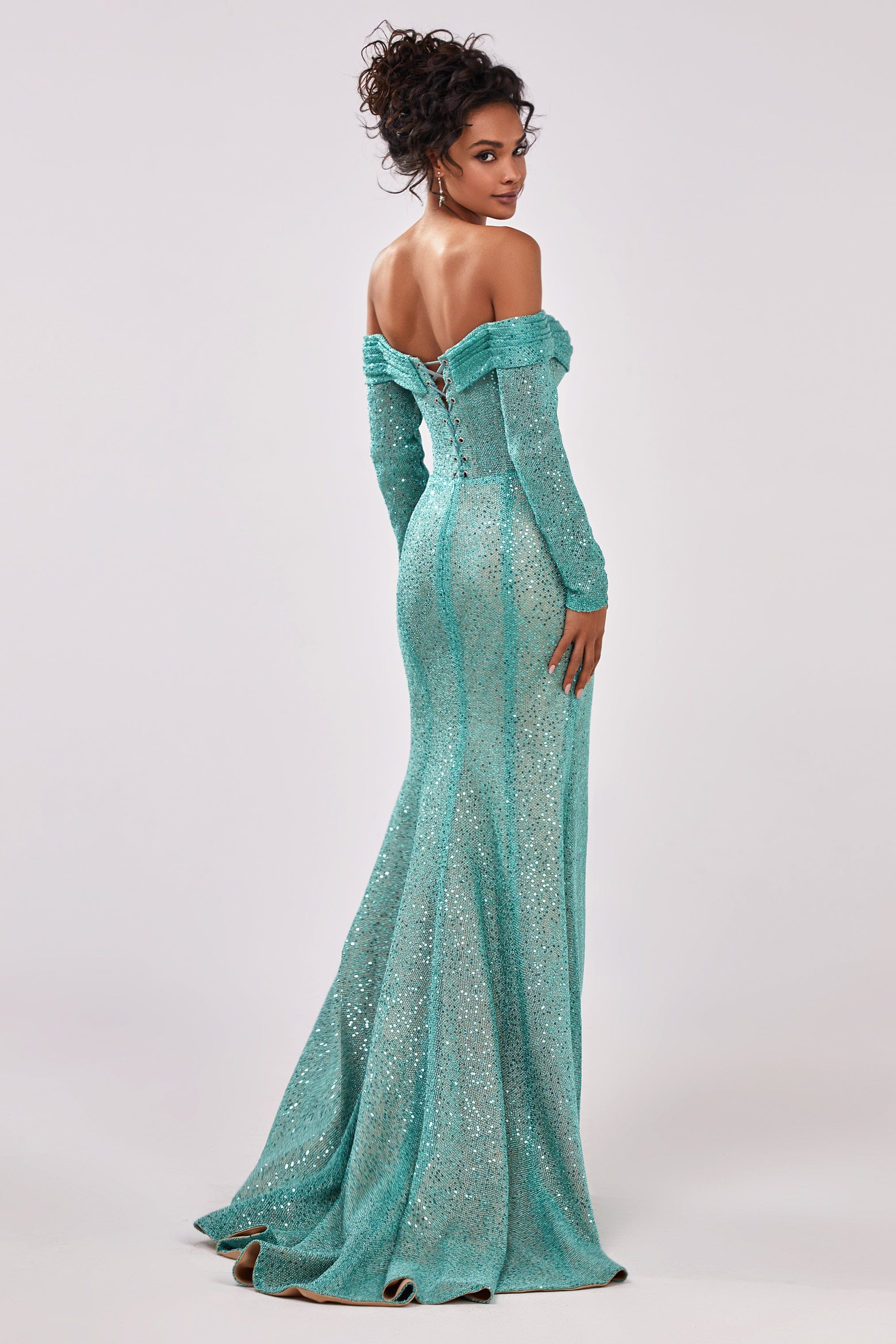 Mint Green Romantic off-the-shoulder sparkling long dress - Image 3