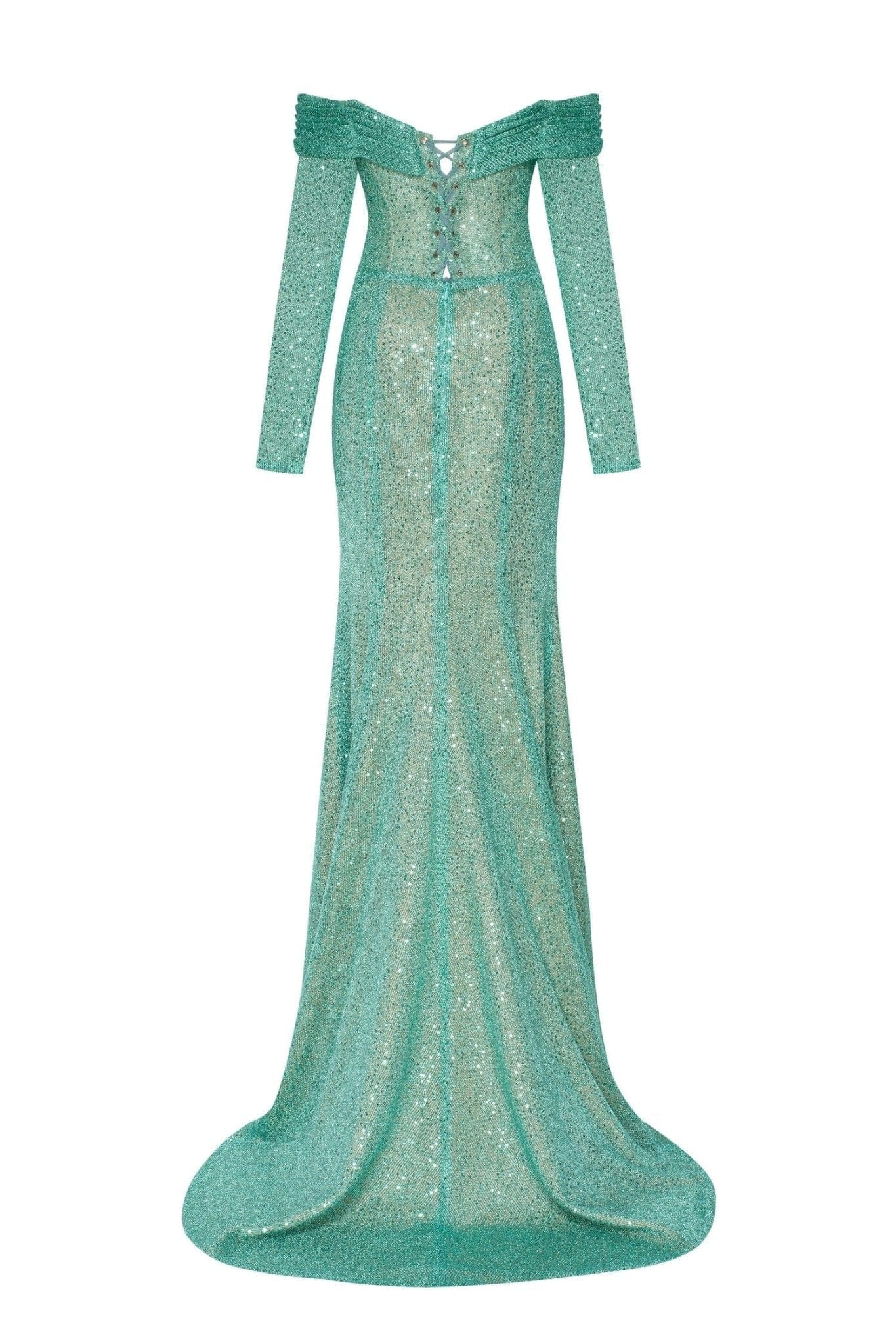 Mint Green Romantic off-the-shoulder sparkling long dress - Image 4
