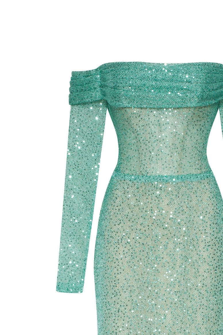 Mint Green Romantic off-the-shoulder sparkling long dress - Image 5