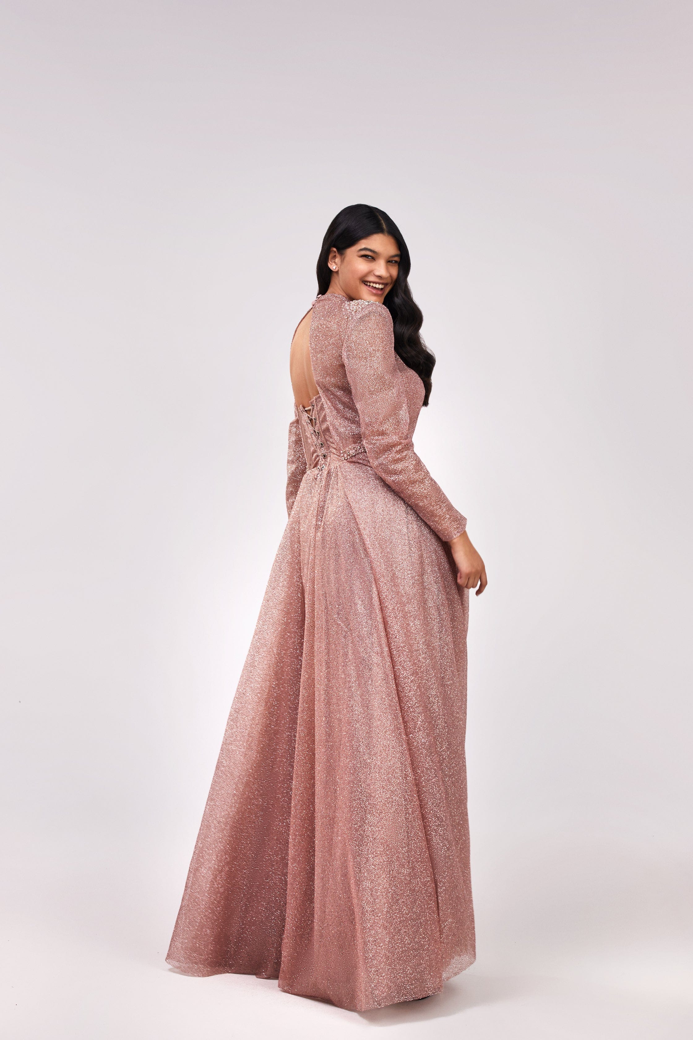 Misty Rose Long-sleeve maxi dress decorated with shiny rhinestones - Image 3