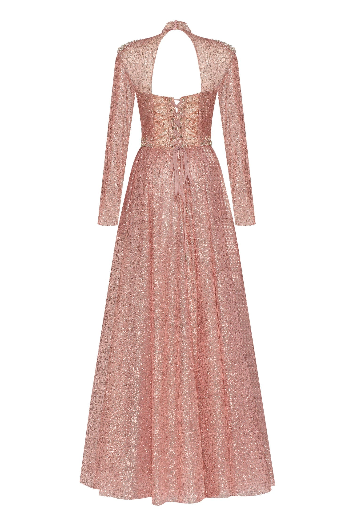 Misty Rose Long-sleeve maxi dress decorated with shiny rhinestones - Image 4