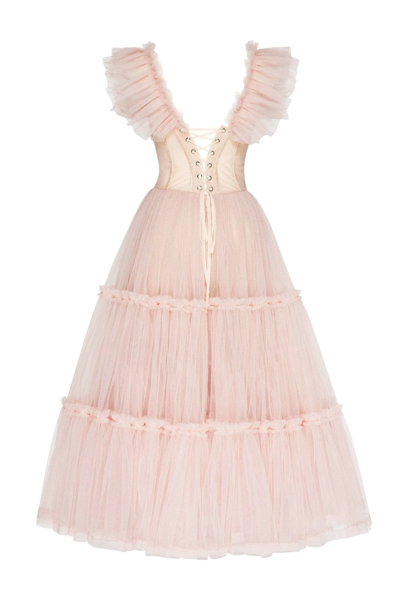 Misty Rose Ruffled Tulle Midi Dress - Image 4