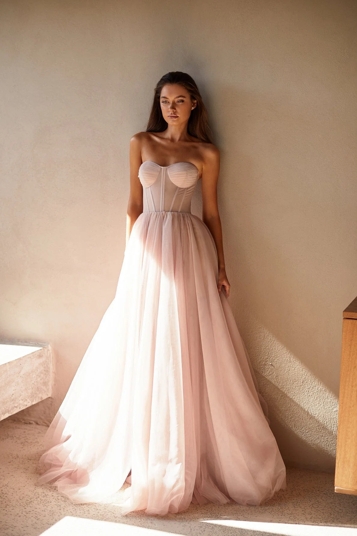 Misty Rose Tulle Maxi Dress with a Corset Bustier - Image 4