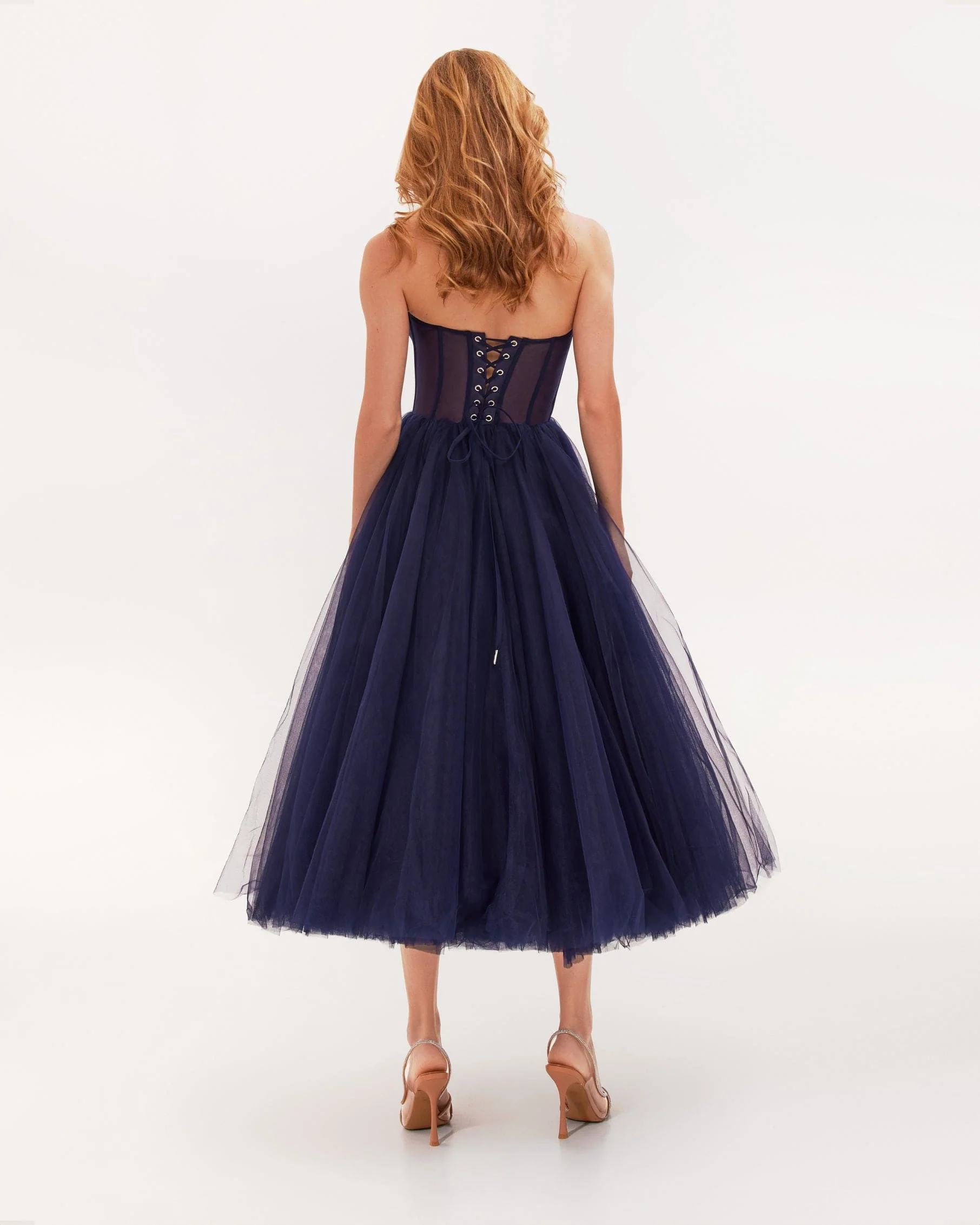 Navy Strapless Puffy Midi Tulle Dress - Image 3